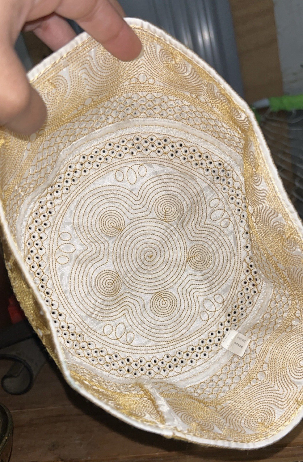 White & Gold Embroidered Cotton Kufi Cap Headwear, Unisex Adult One Size