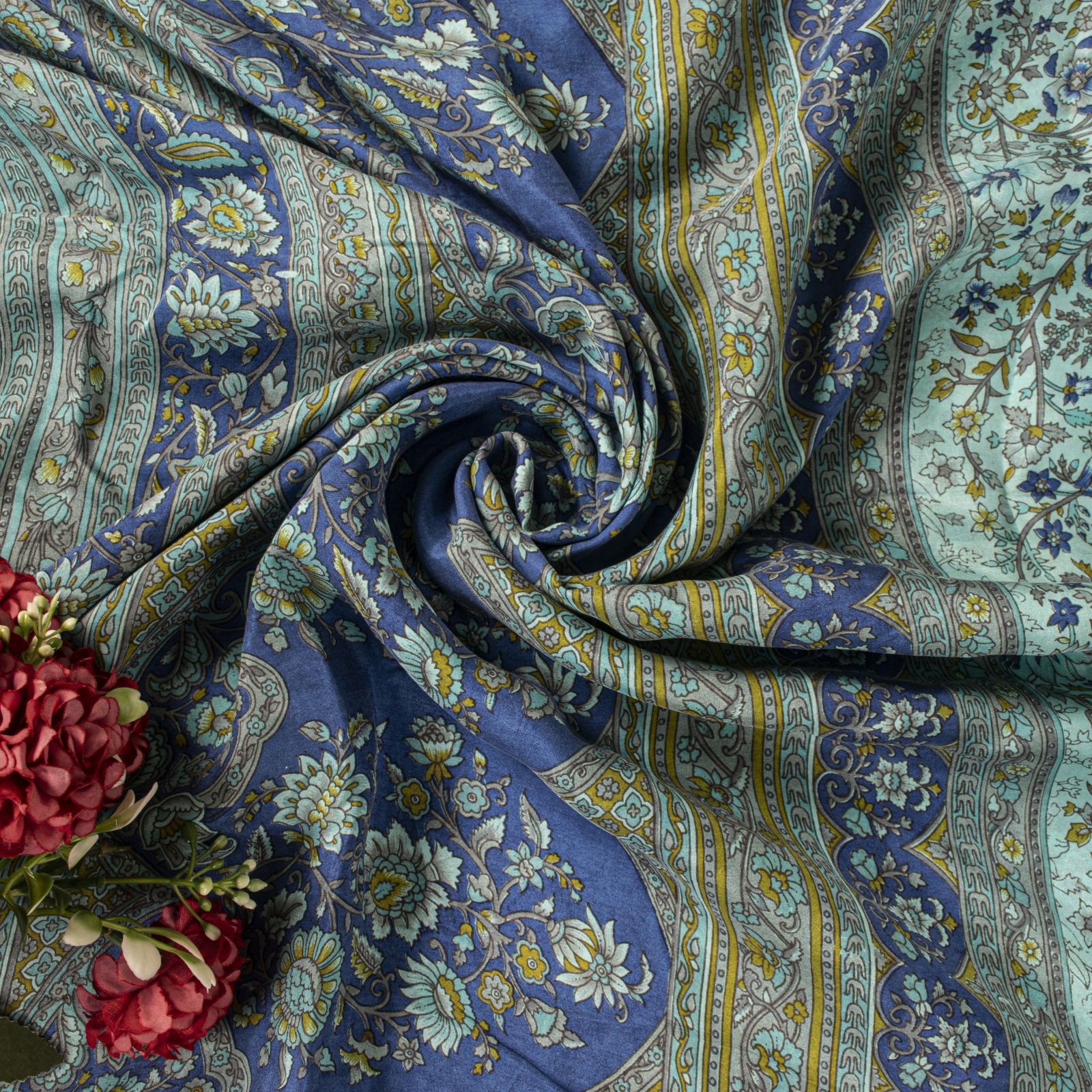 Sanskriti Vintage Saree Blue Soft 100% Pure Silk Floral Print Sari 5.5+Yd Fabric