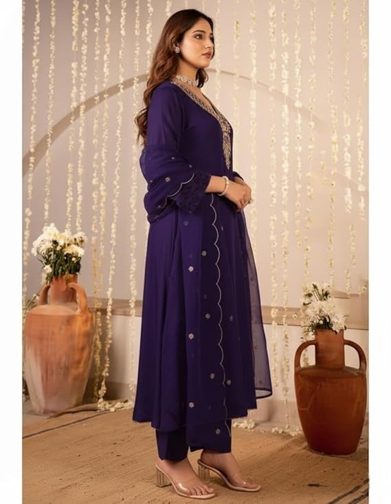 Women Embroidery Solid Anarkali Kurta and Pant Set with Dupattas