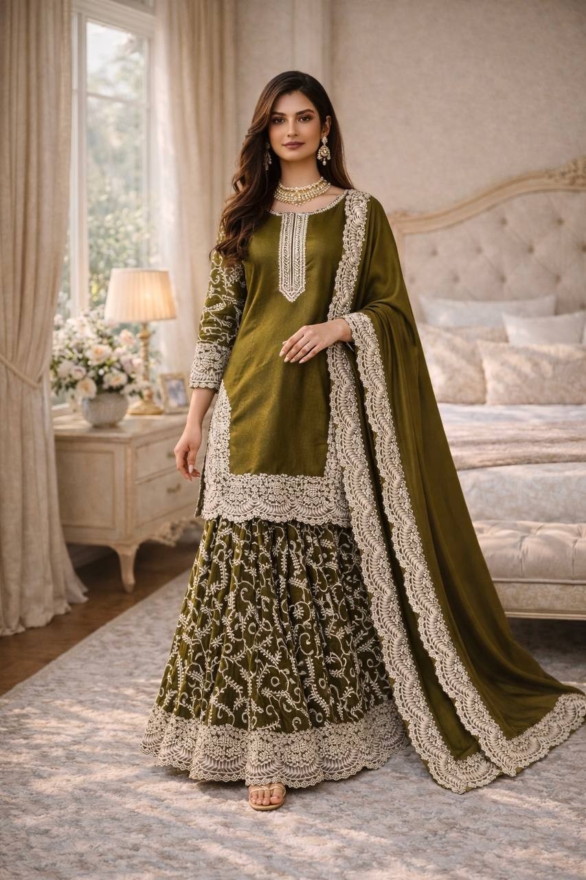 Eid Reception Party Wear Mehendi Green Fandy Silk Sharara Plazzo Suit