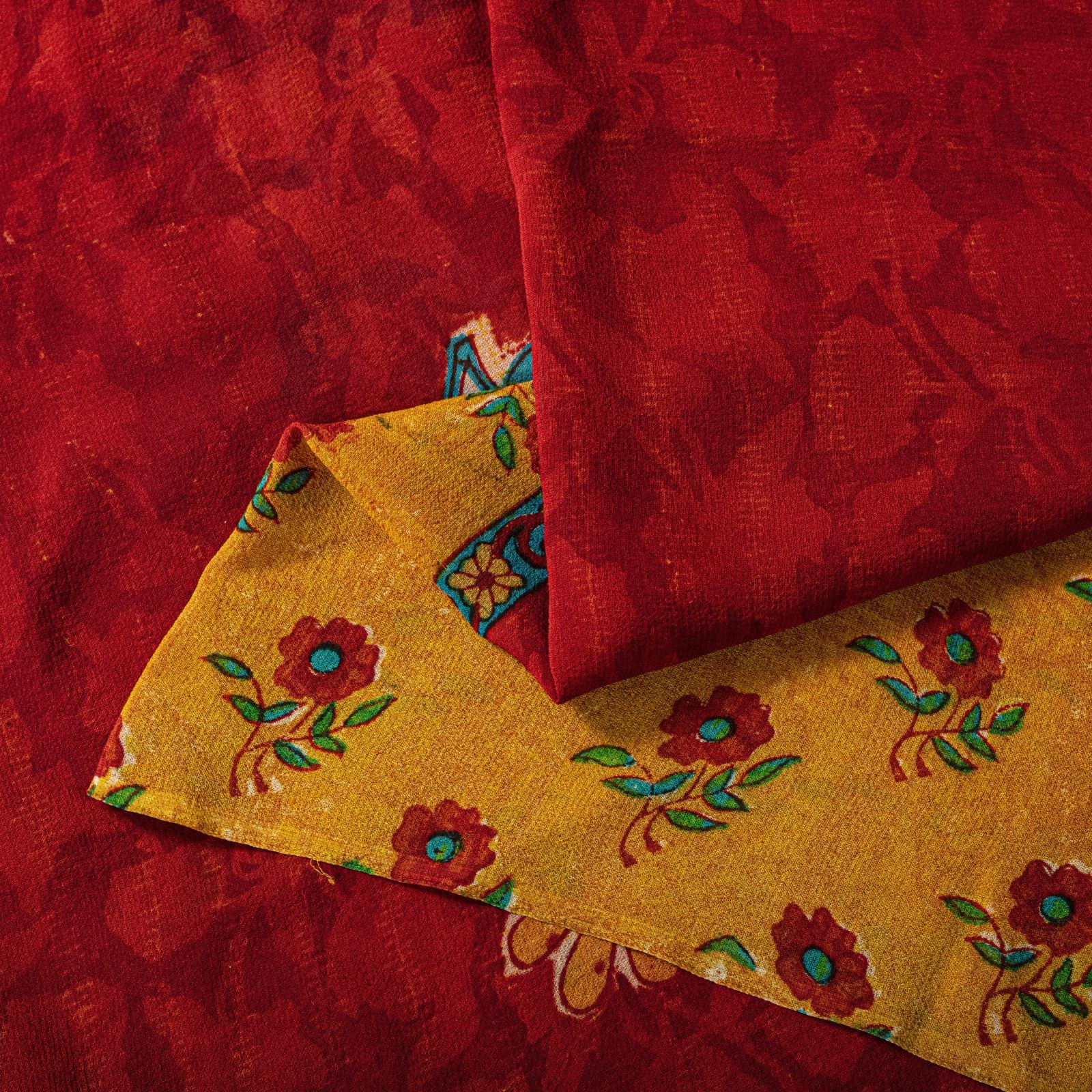 Sanskriti Vintage Saree Red Pure Georgette Silk Floral Block Printed Sari 5.5Yd