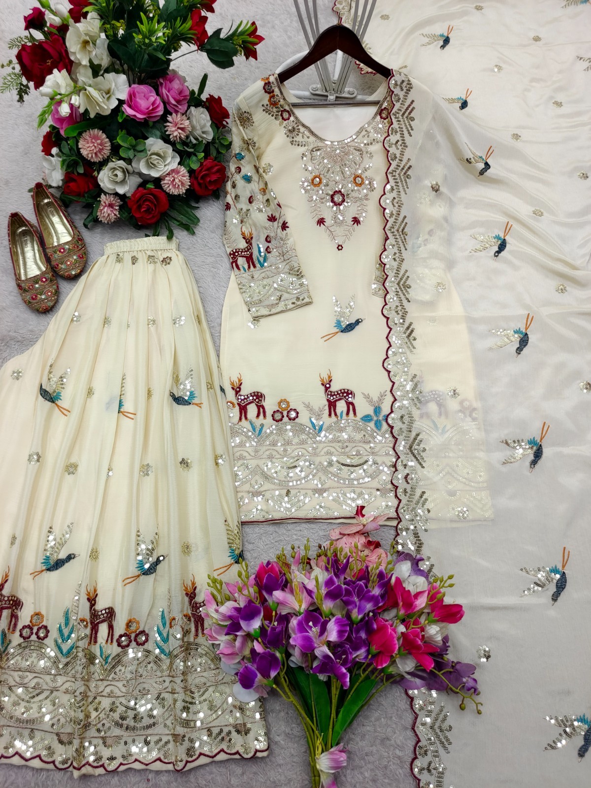 New Chinon Silk Off White Top Palazzo With Dupatta For Reception Wear