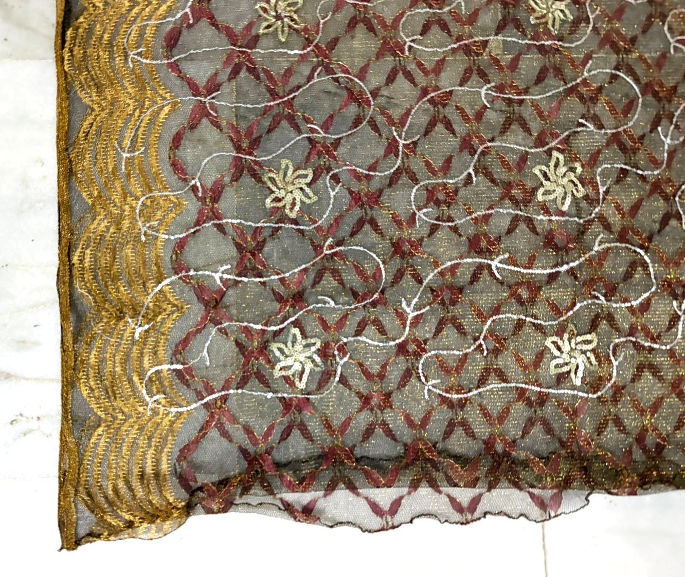 Net Designer Saree Indian Women Wrap Dress Used Brown Vintage Embroidered Sari