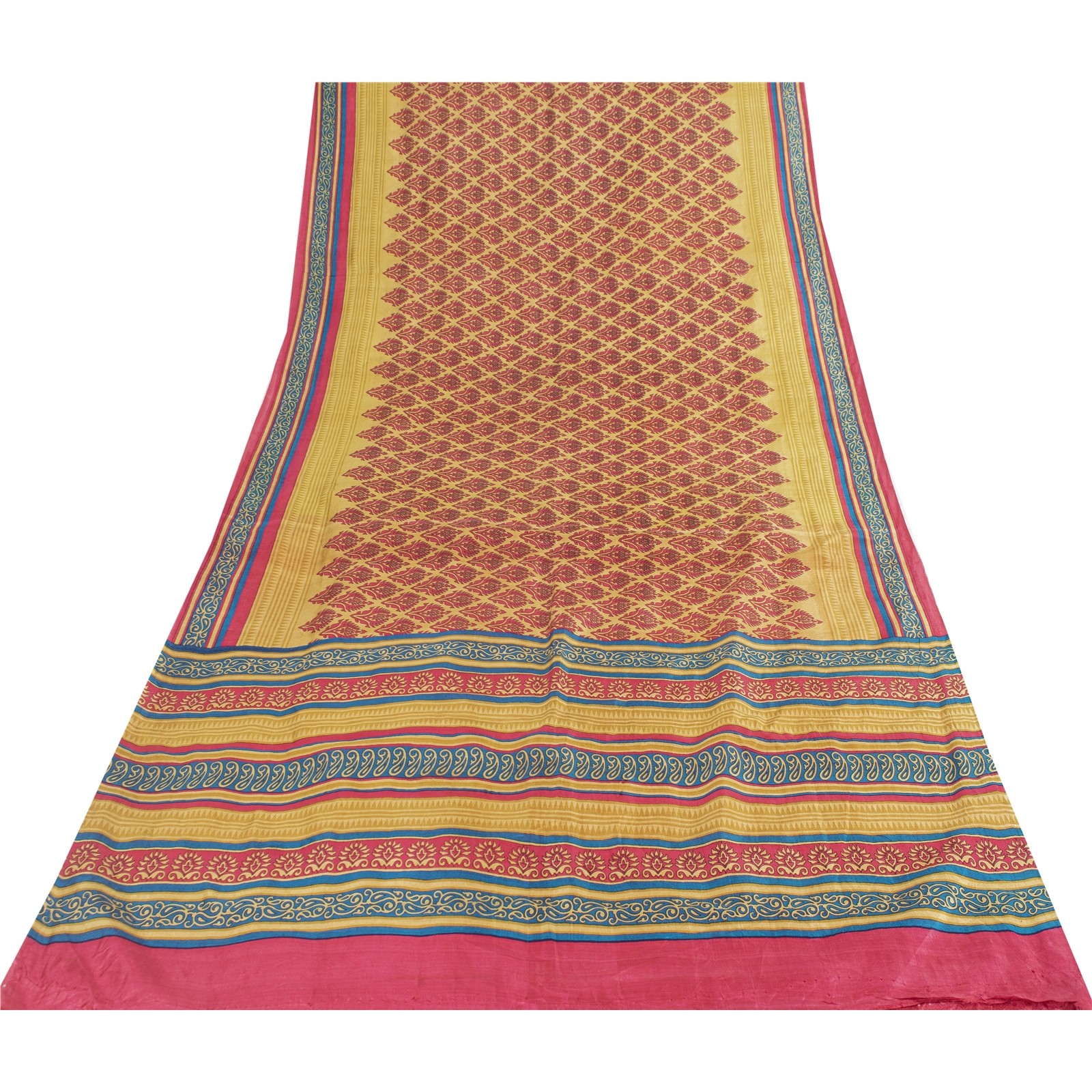 Sanskriti Vintage Sarees Pink & Cream Pure Silk Printed Sari 6+Yd Craft Fabric