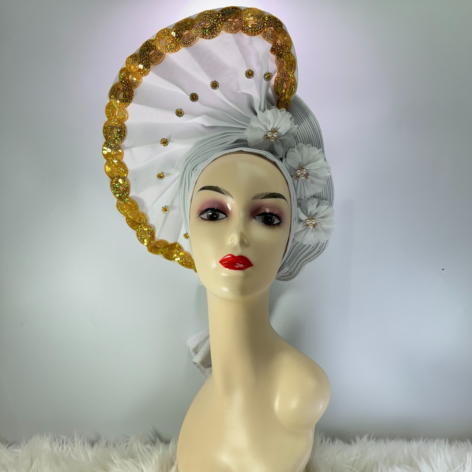 African Gele Fabric Turban Headtie Made Aso-Oke Auto Gele Beaded Head Wear Hat