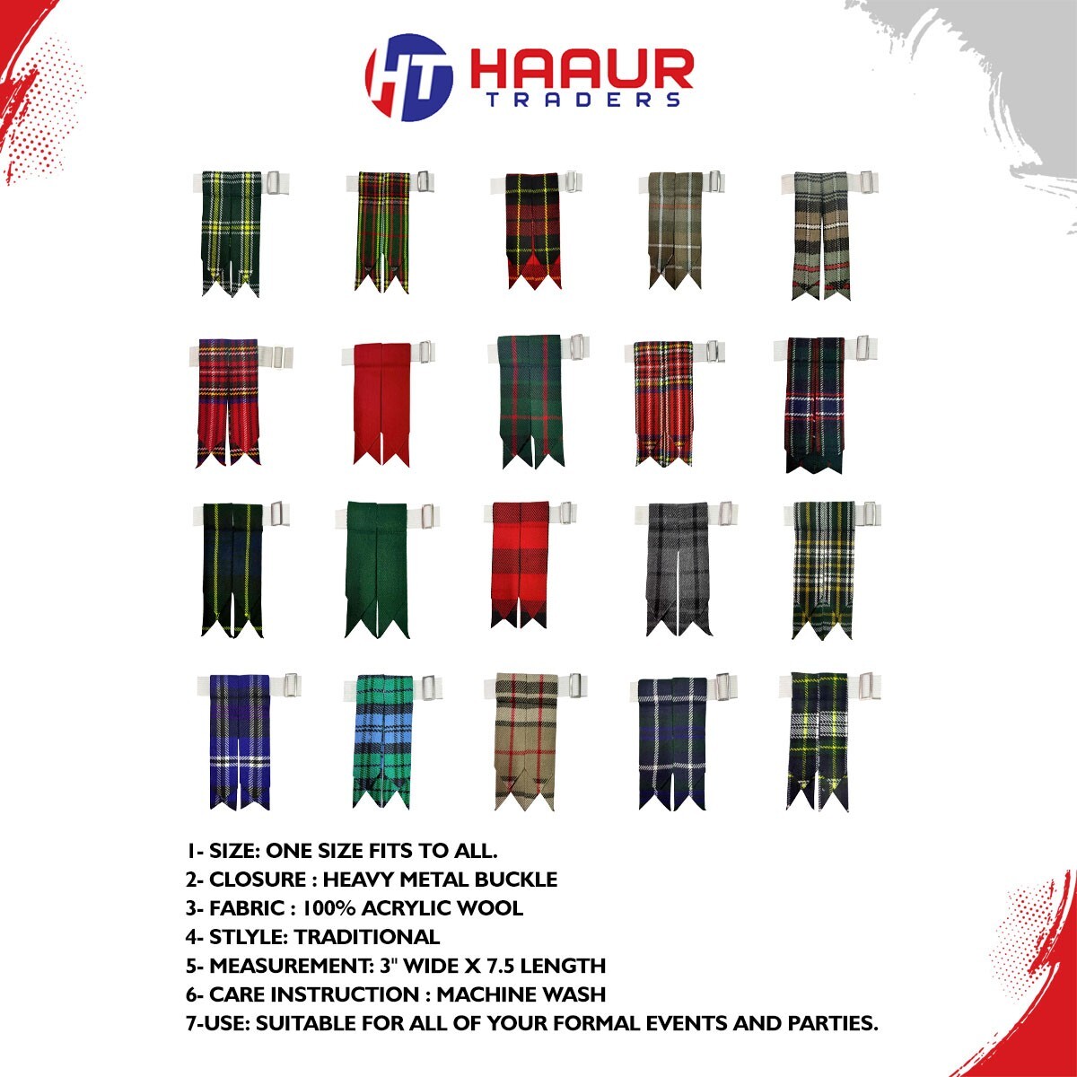 AAR Kilt Flashes Scottish Multi Color Tartans Come Heavy Buckle + Garter