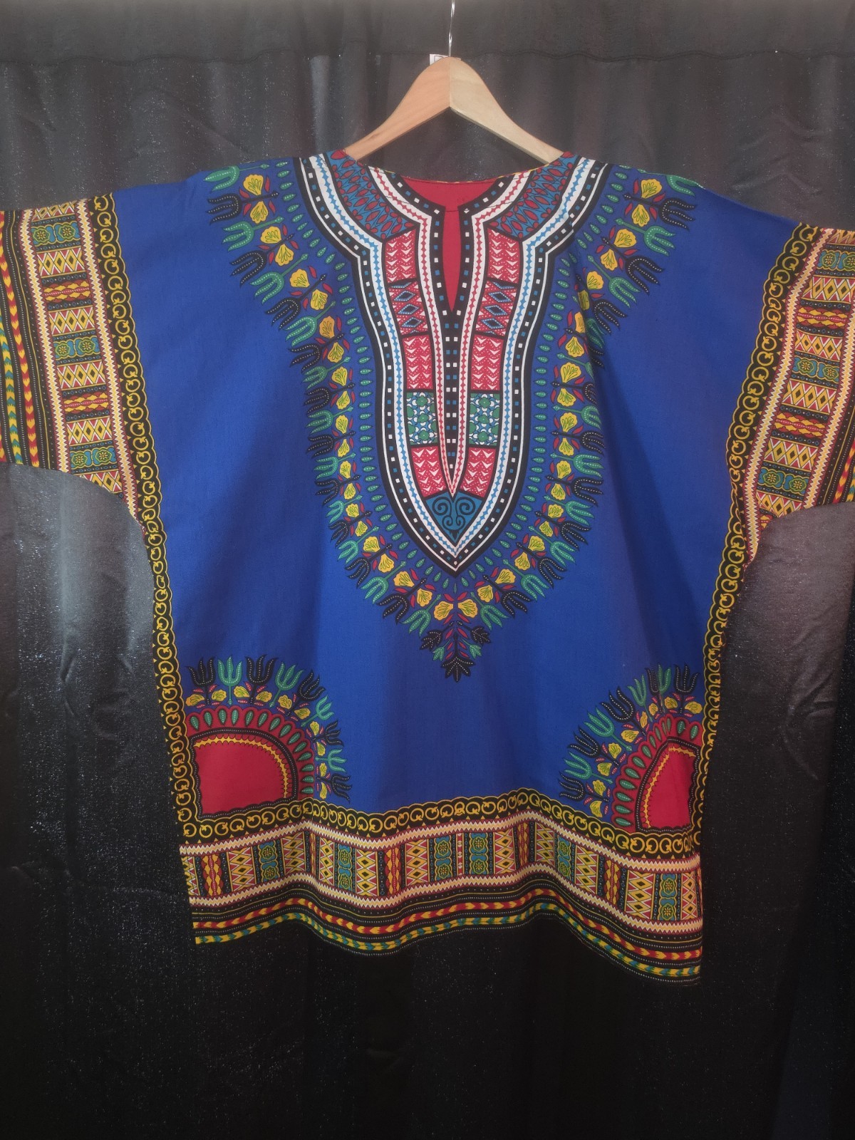 Blue Dashiki African Print Tunic Top Shirt, Cotton Woven, One Size Unisex