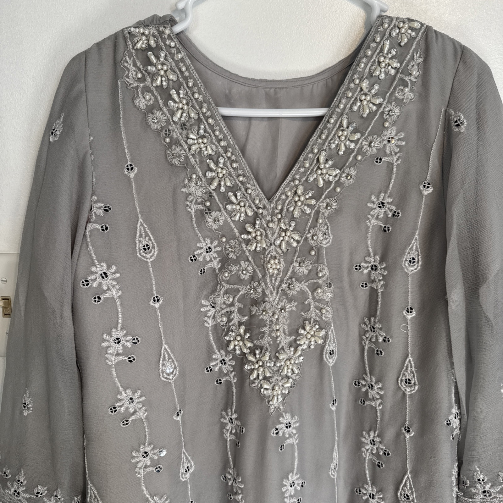 Pakistani Gray Embroidered Pearl Shalwar Kameez Suit Wedding Eid Ethnic Ramzan