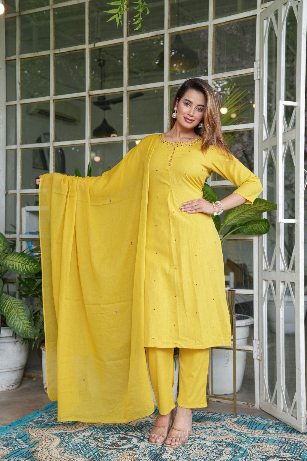 Kurta Palazzo Dupatta Set Plus Size Yellow Salwar Kameez Fully Stitched Combo