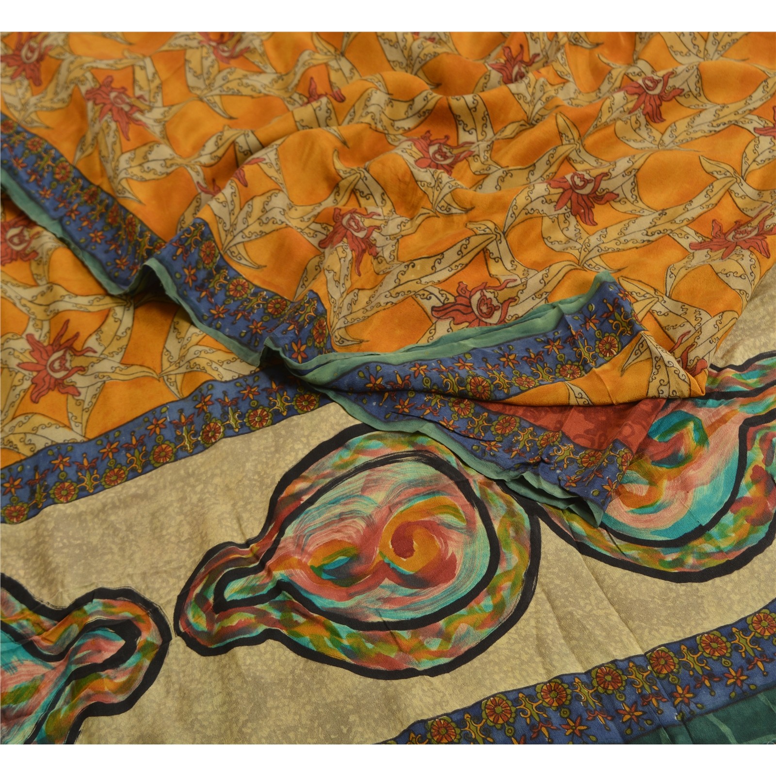 Sanskriti Vintage Sarees Saffron Pure Crepe Silk Floral Print Sari Craft Fabric