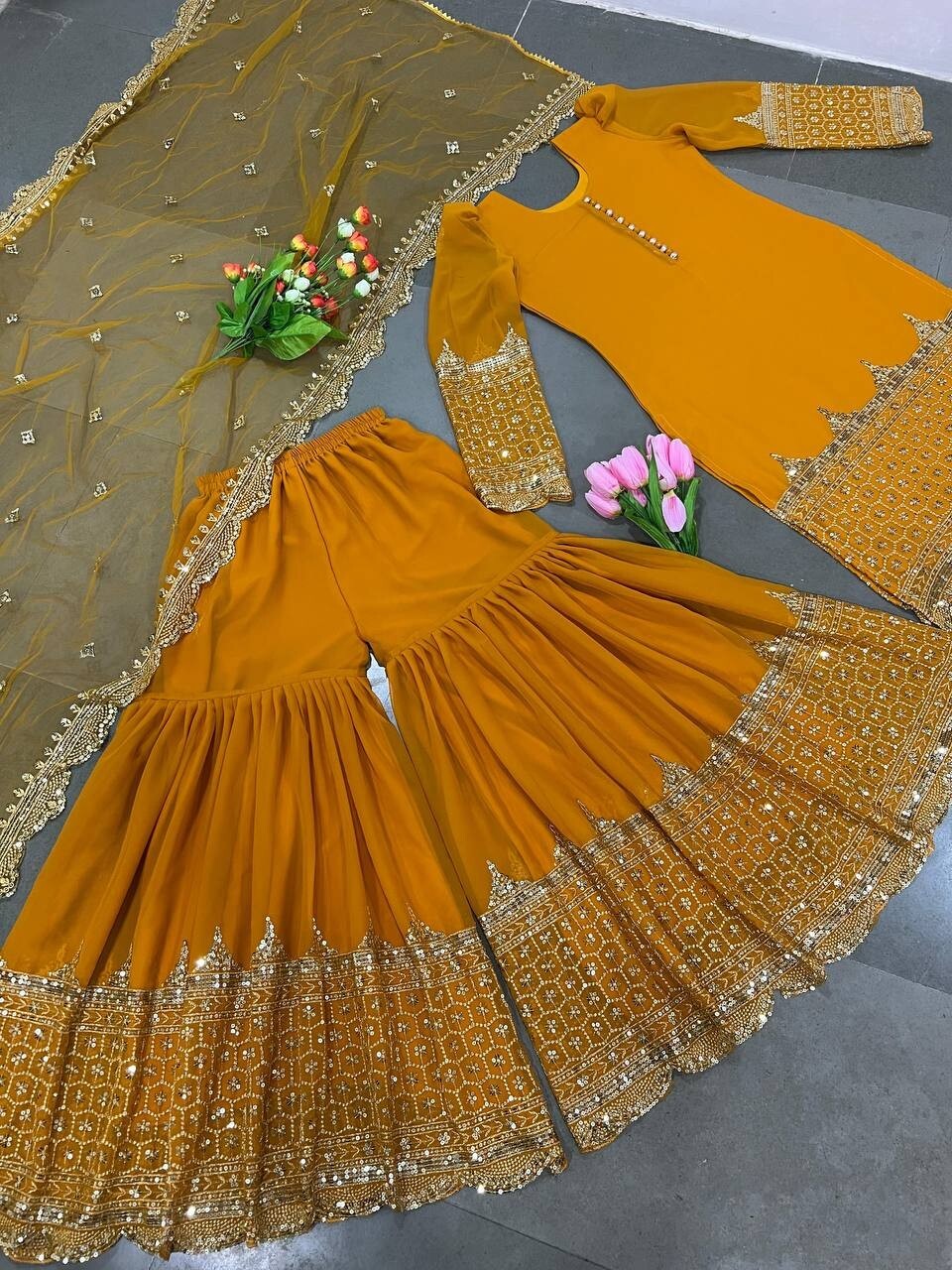 New Launching Yellow Faux Georgette Top Palazzo With Net Dupatta For Festival
