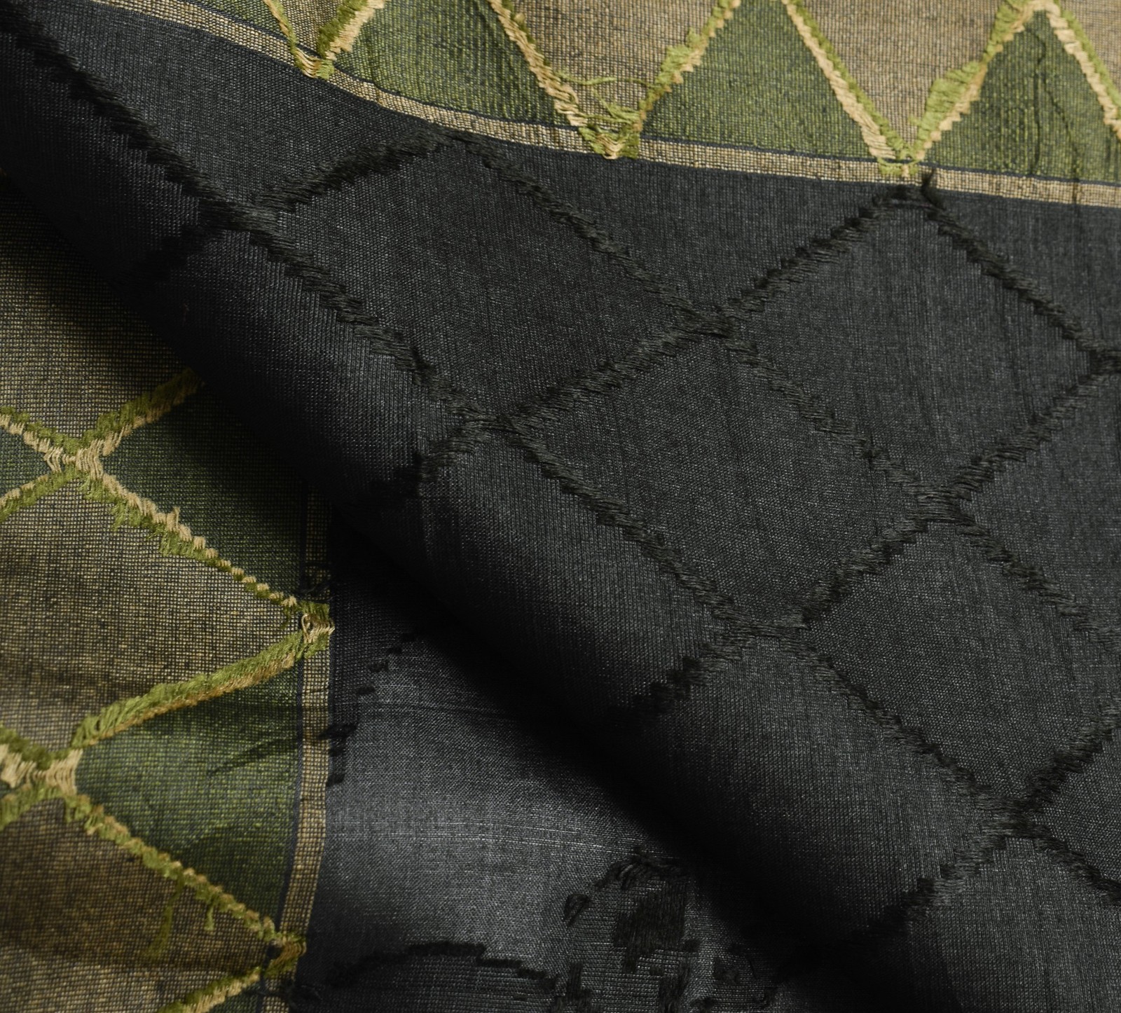 Sushila Vintage Black Saree with Green Border Pure Tussar Silk Woven Sari Fabric