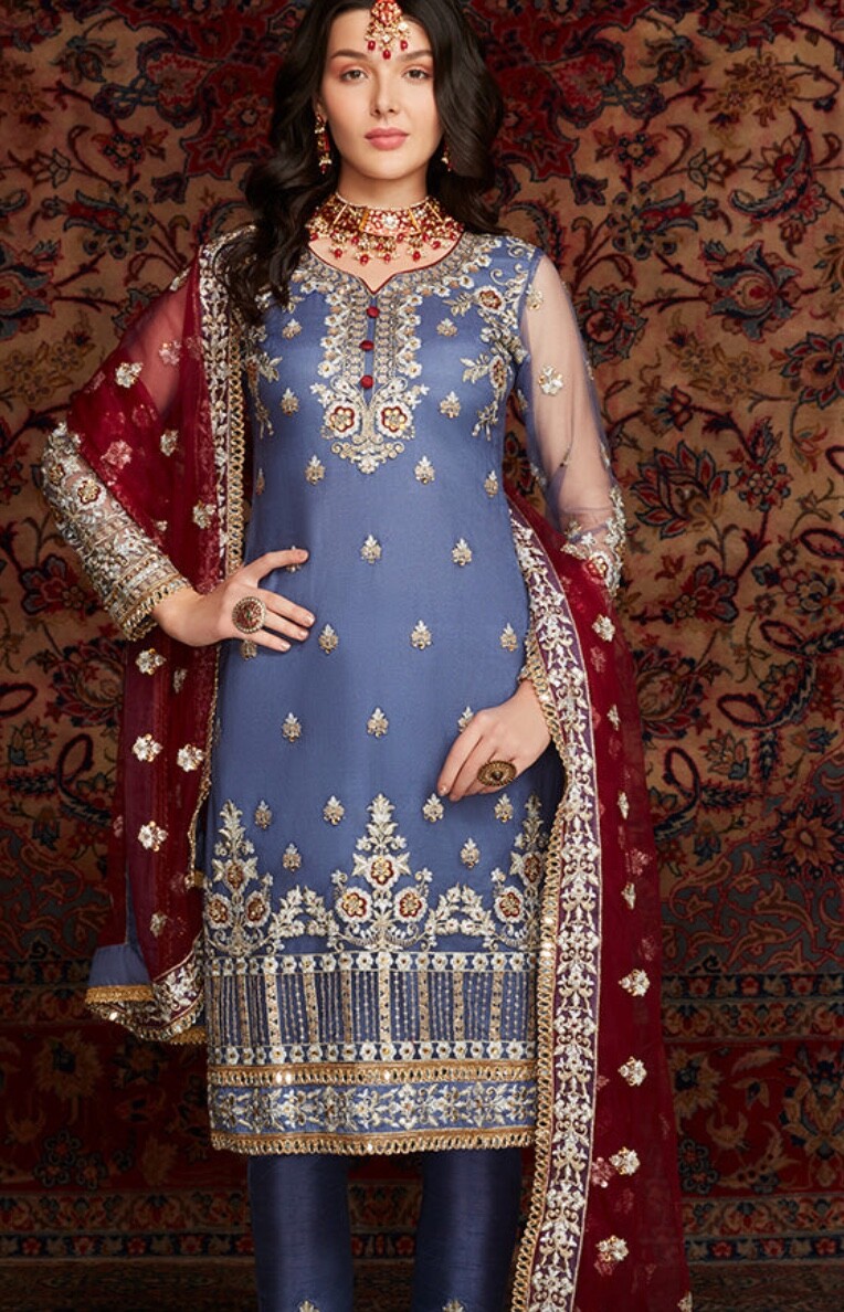 Lashkaraa Salwar Kameez – Periwinkle Blue and Maroon Straight Suit