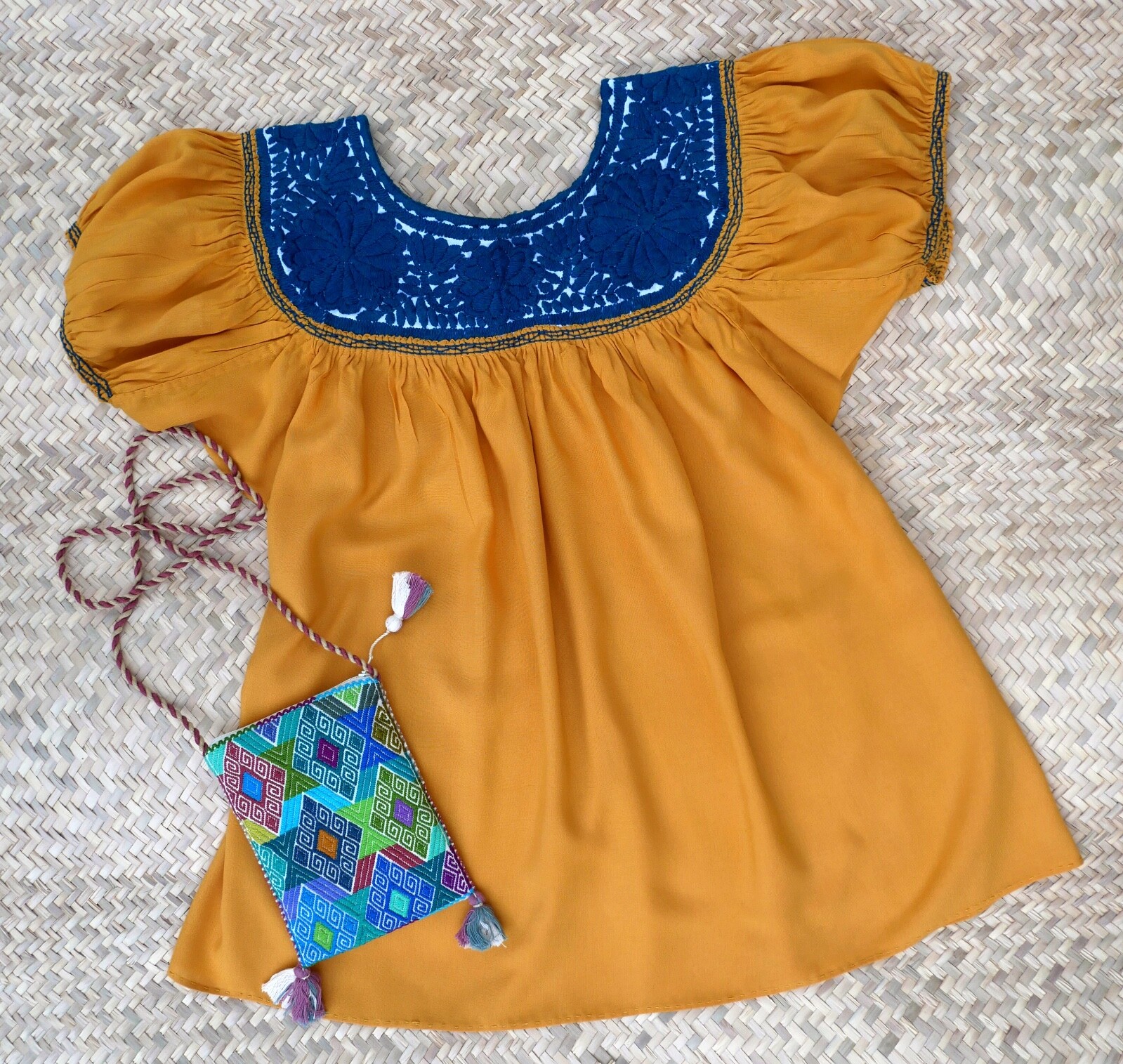 S/M Peasant Blouse Hand Embroidery Blue Flowers Gold Fabric Mayan Chiapas Mexico