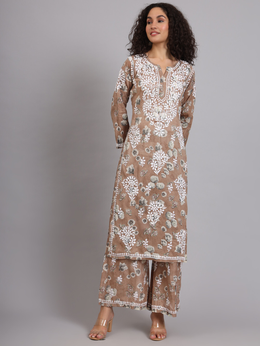 Brown Mulmul Cotton Chikankari Straight Kurta Set Lucknow Chikan Handmade Set