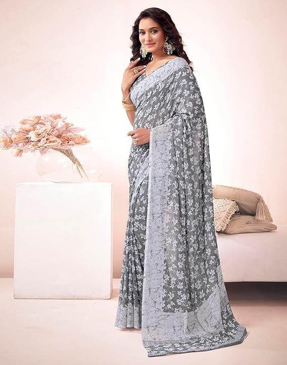 Women’s Floral Printed Georgette Saree with Unstitched Blouse Piece
