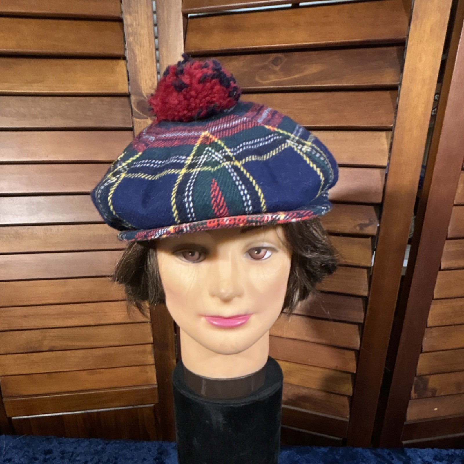 Vintage Autocap Scottish Tartan Tam O’Shanter Hat Pom-Pom 80% Acrylic Wool