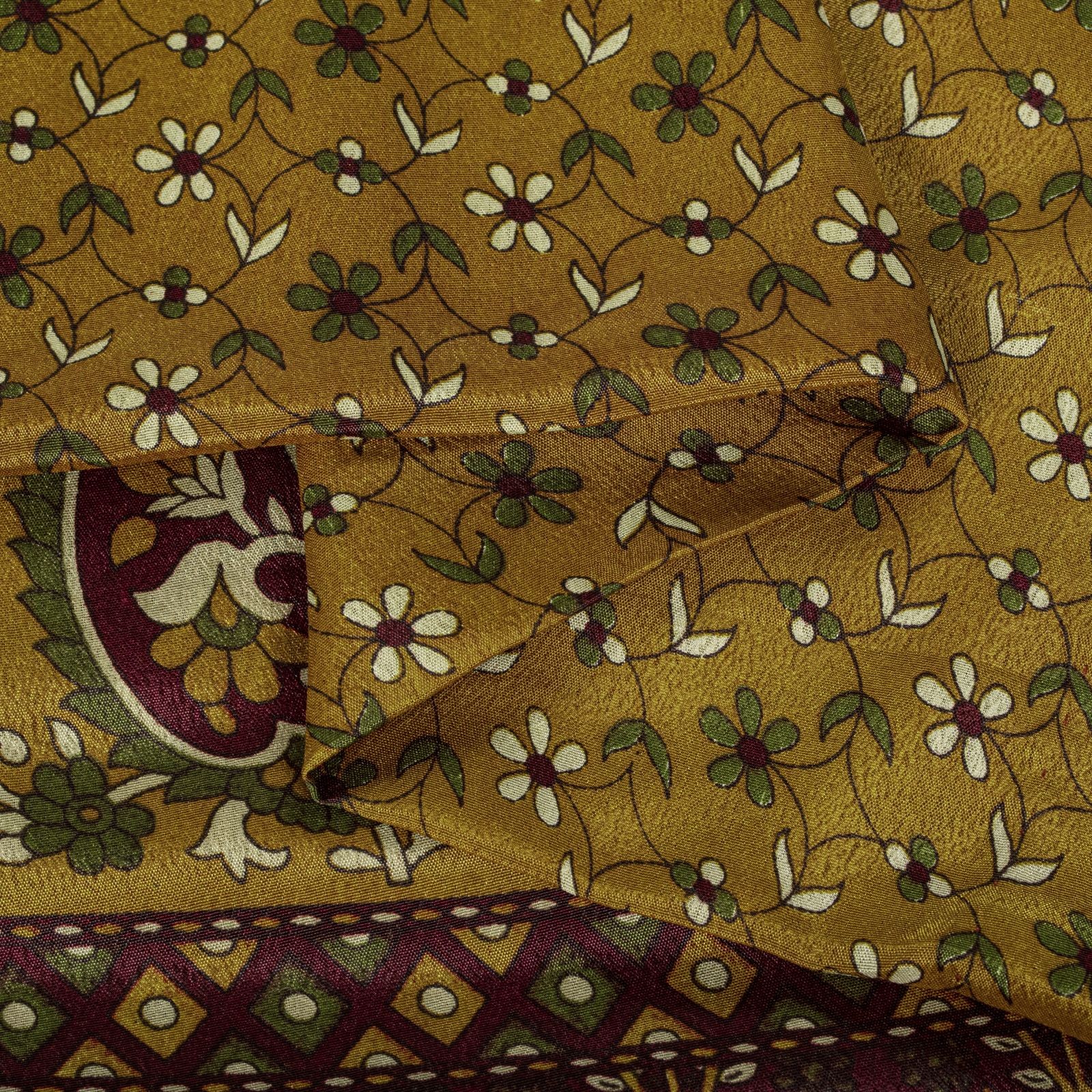 Sanskriti Vintage Yellow Moss Crepe Saree Floral Print Fabric 5+Yard Craft Sari