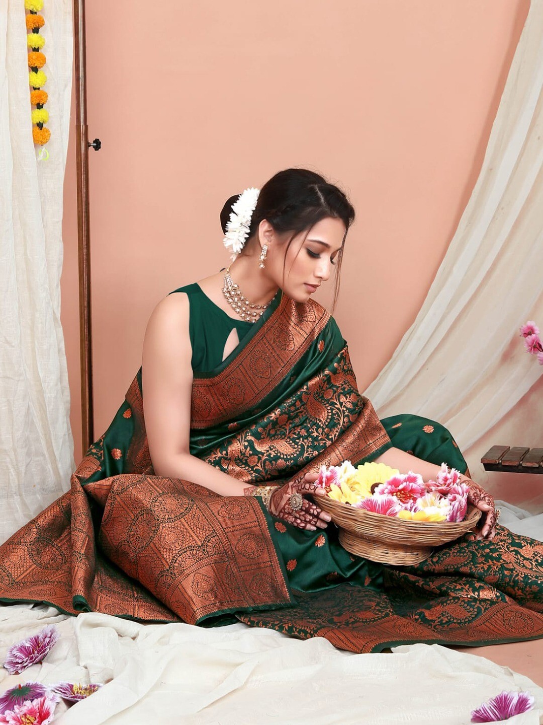 Areca designer Copper Mor Zari Work Silk saree blouses women Saree Cut 5.5 Meter