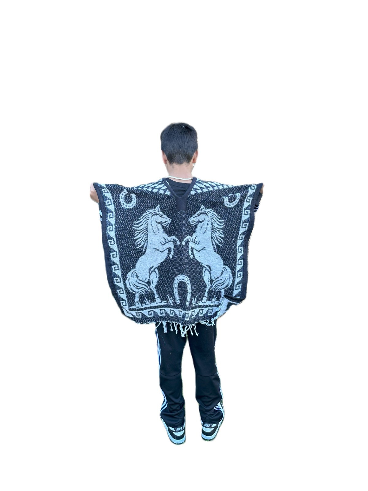 KIDS PONCHO ,COSTUME , BLANKET GABAN ,6-12 YEARS , HORSES , BLACK – TAN