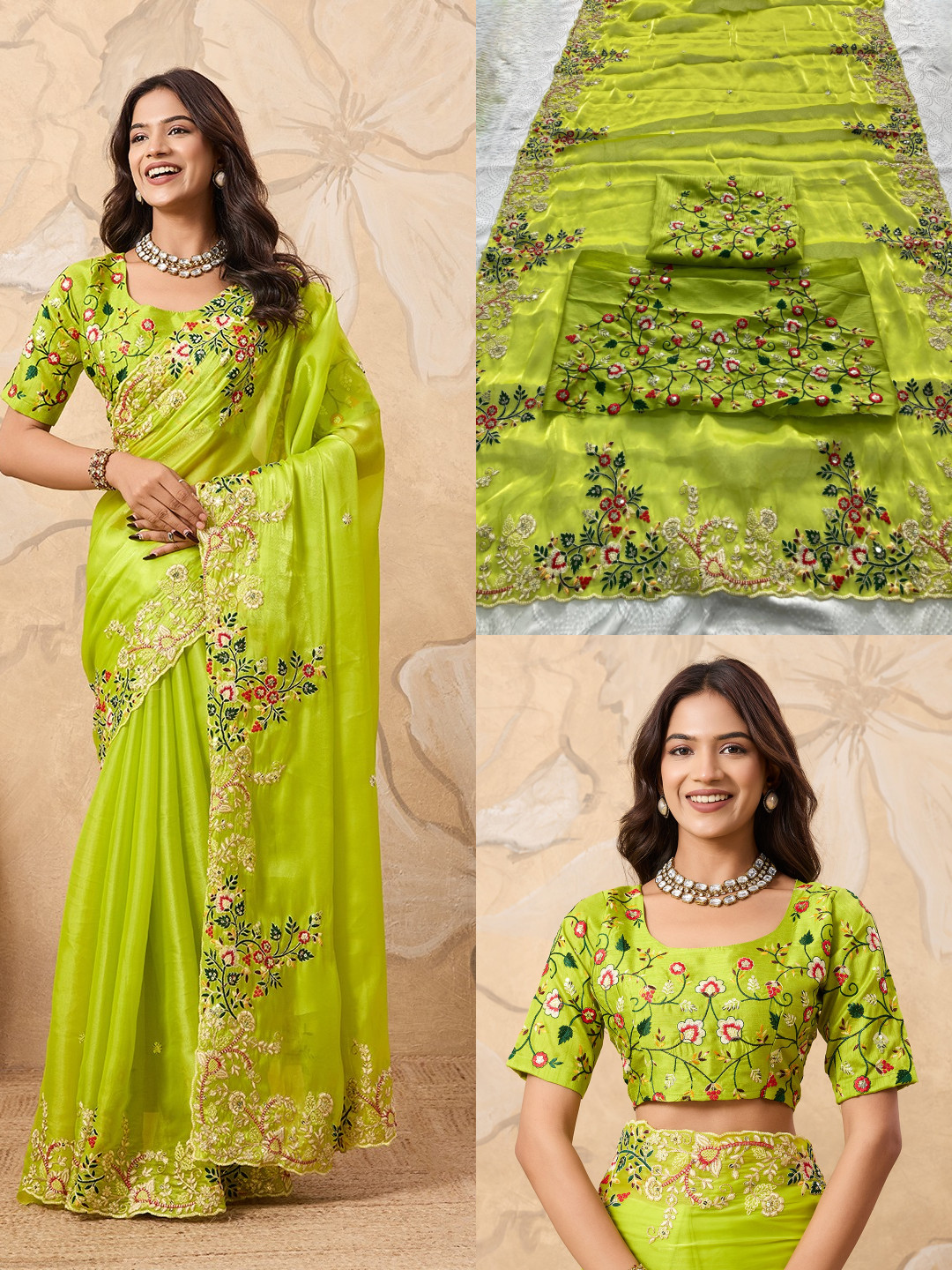 Party Wear Paper Silk Embroidered Sequins Cutwork Border Traditional Indian Sari