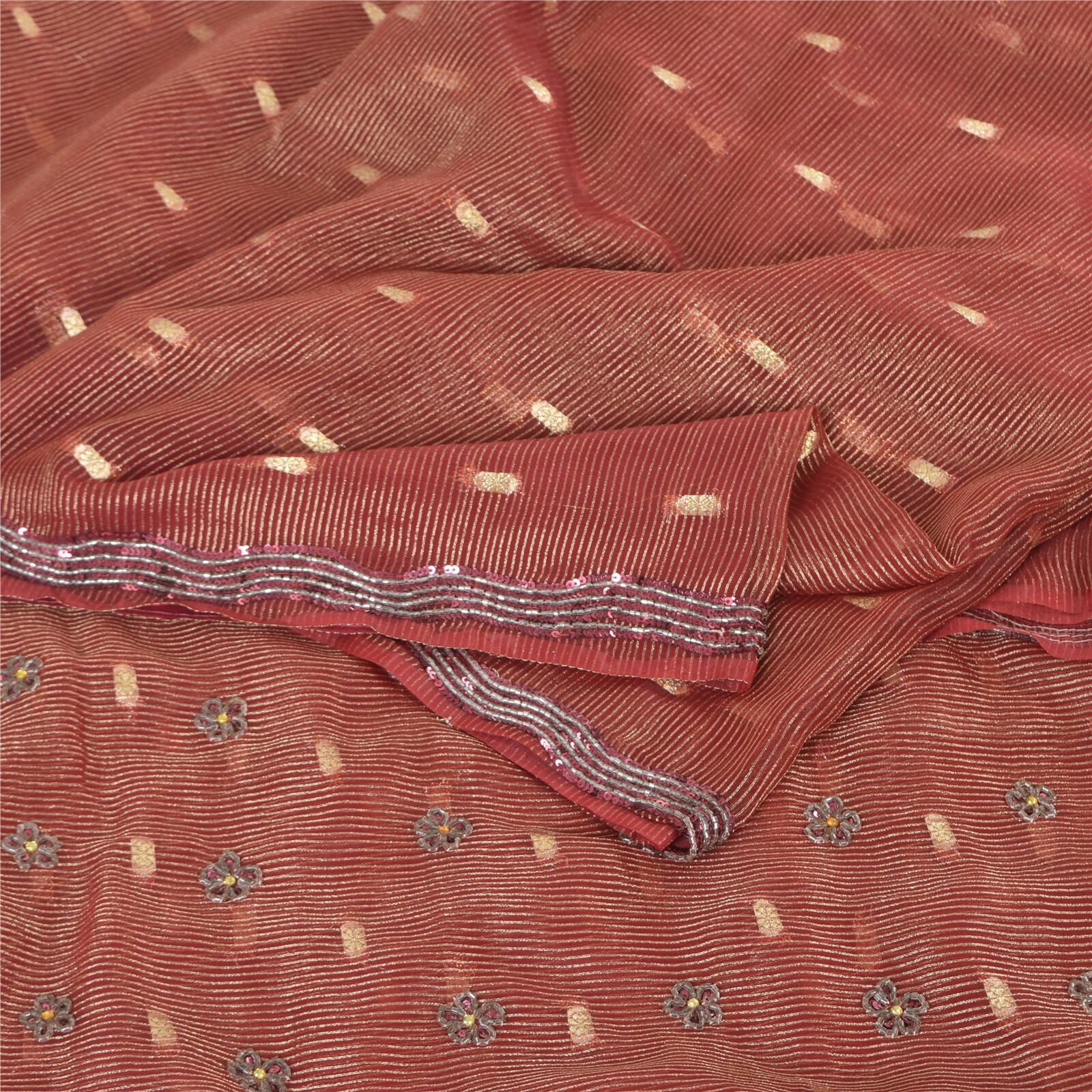 Sanskriti Vintage Dark Red Sarees Organza Hand Bead Woven Sari 5Yd Craft Fabric