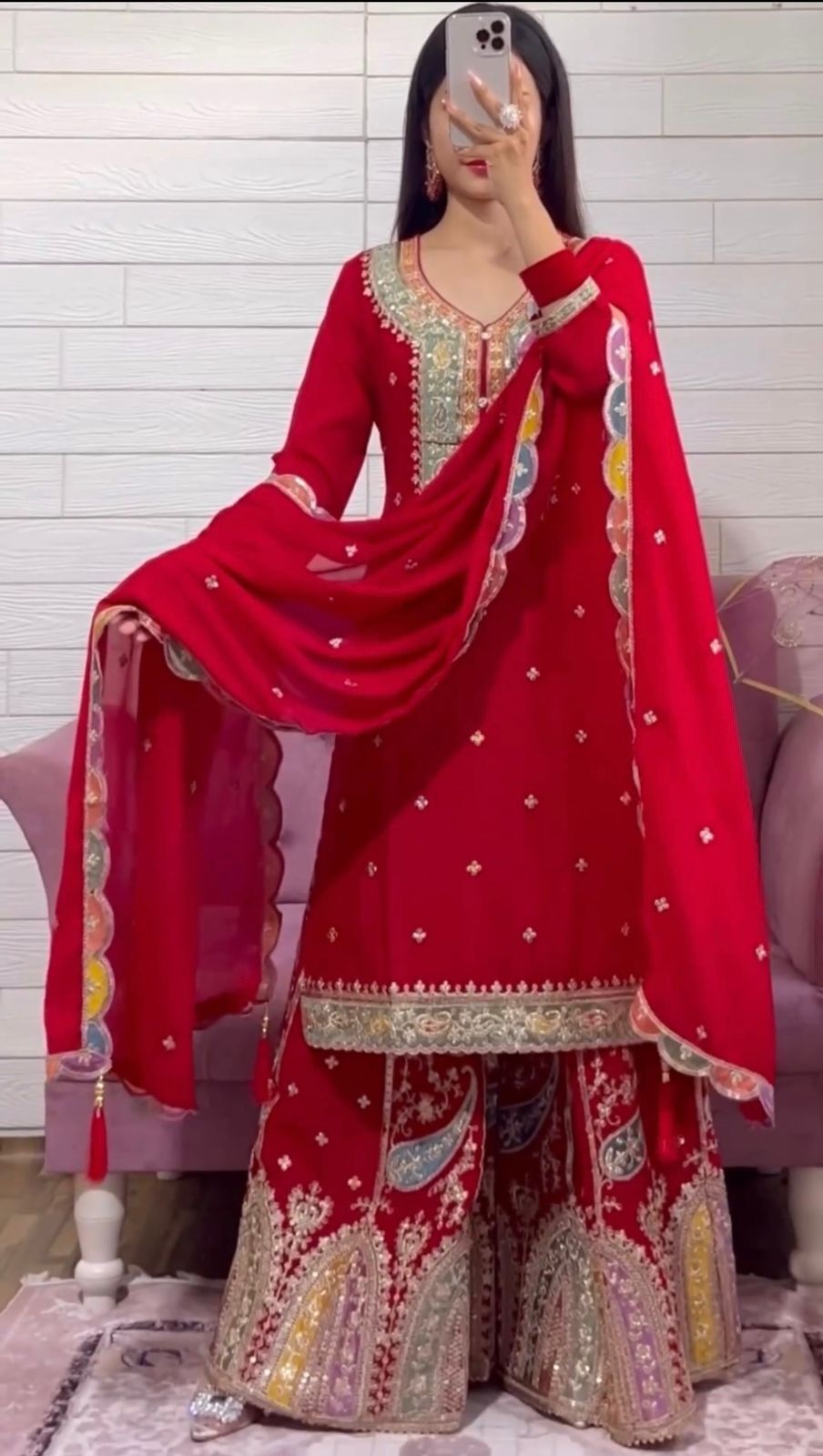 Women Red Bollywood Wear Salwar Kameez Embroidery Work Kurta Sharara Set Diwali