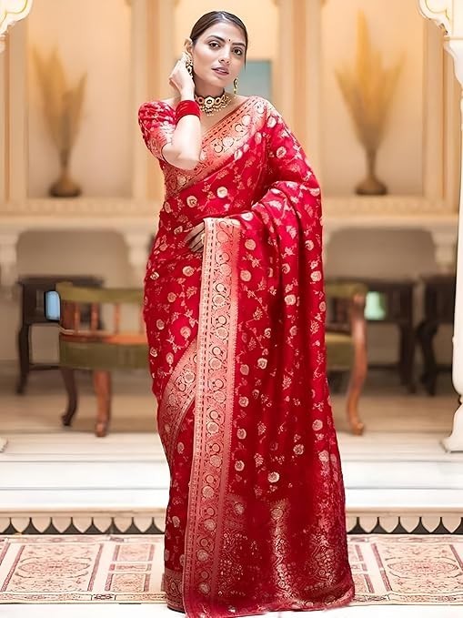 Women’s Pure Kanjivaram Silk Saree Soft Banarasi Style Wedding With Blouse Piece