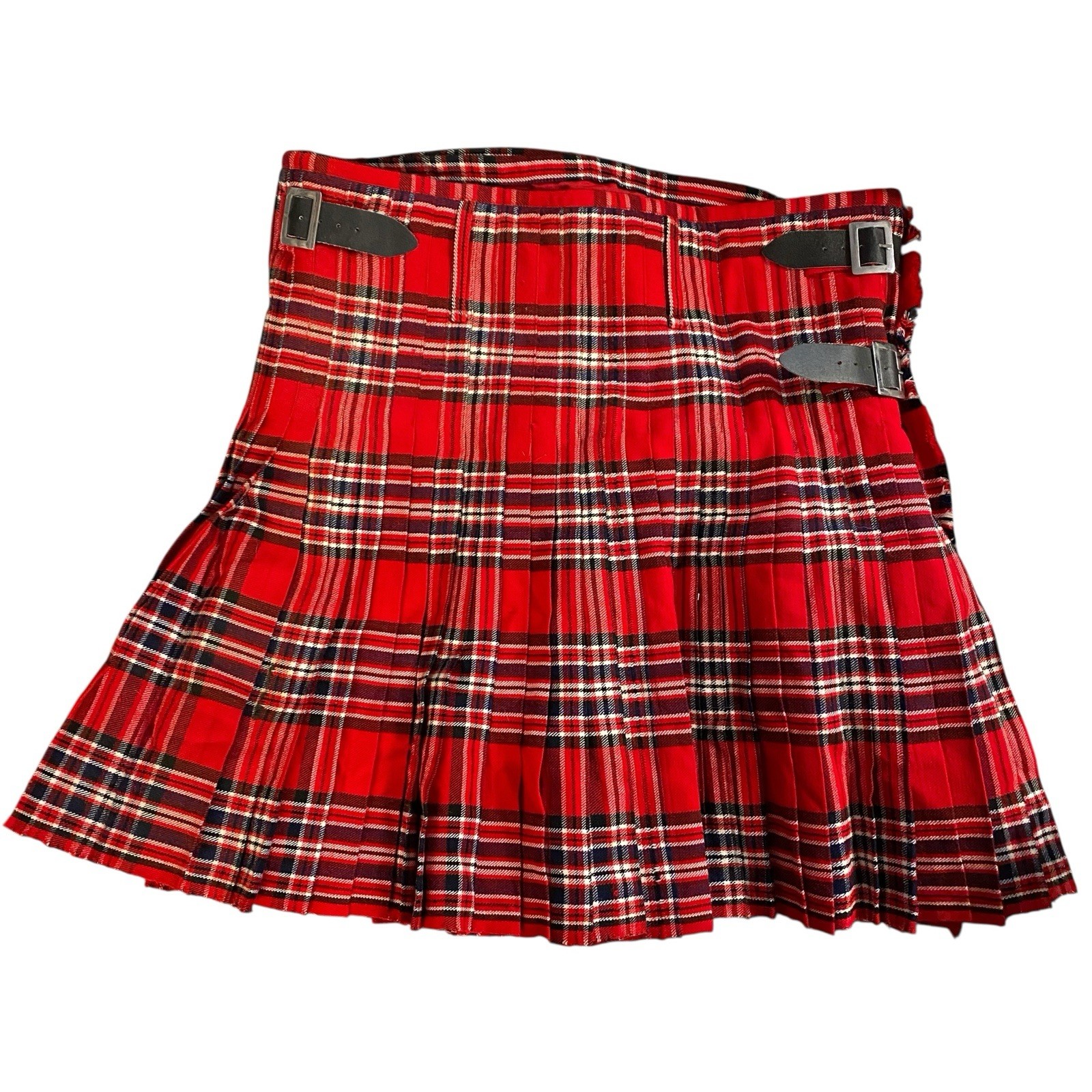 Red Tartan Plaid Pleated Kilt Mens Sz 46 Buckle 24 Inch Length Adjustable Waist