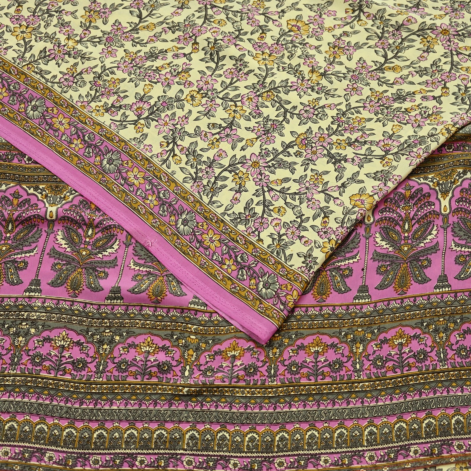 Vintage Sari Ivory & Pink Moss Crepe Printed Sarees 5yd Craft Fabric Sewing Soft