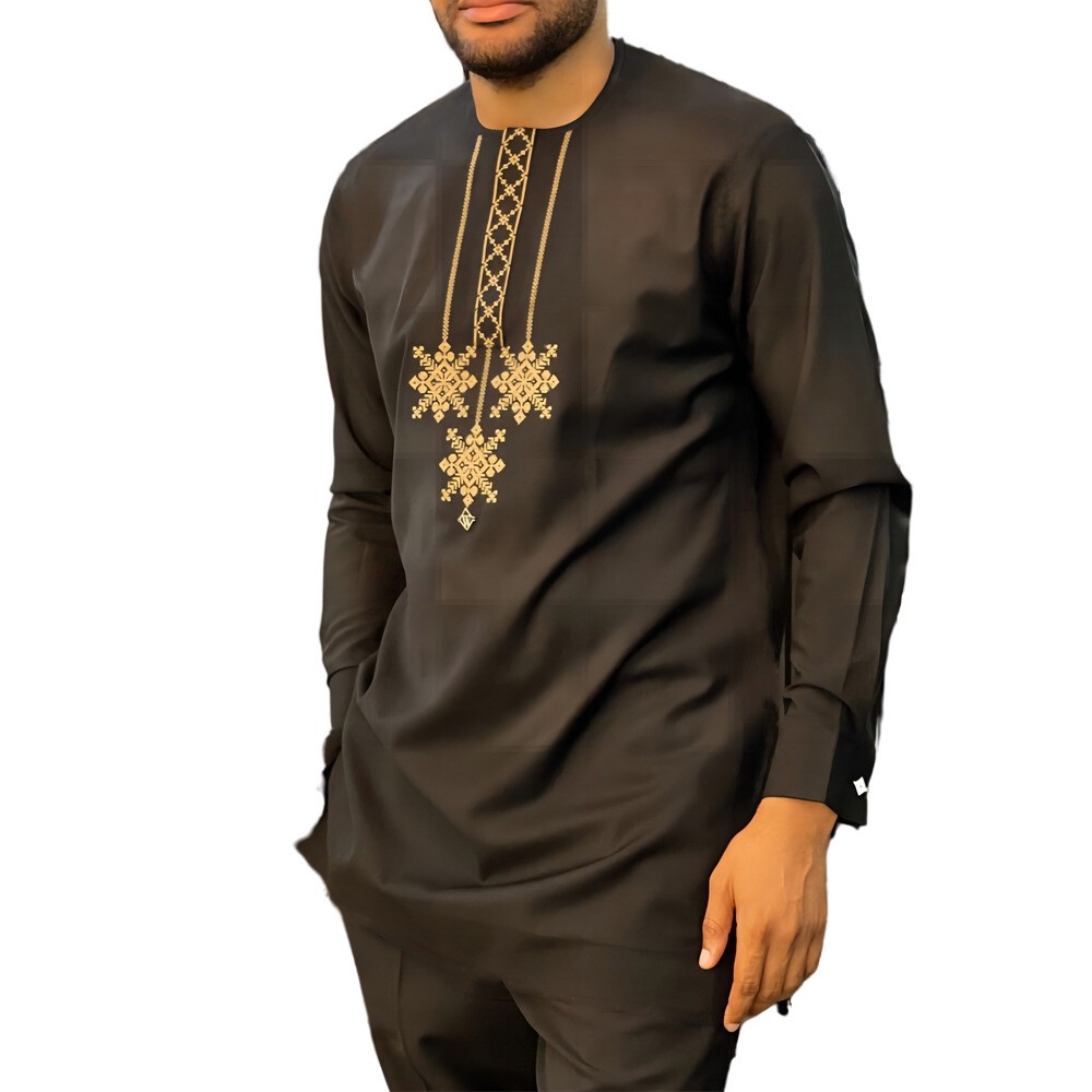 Mens African 2 Piece Set Long Sleeve Pants Outfit Traditional Suit Ethnic Suit