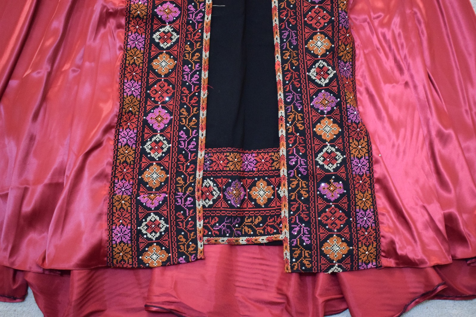 Palestinian Tatreez Thobe Black Red Satin Bedouin Embroidered Kaftan