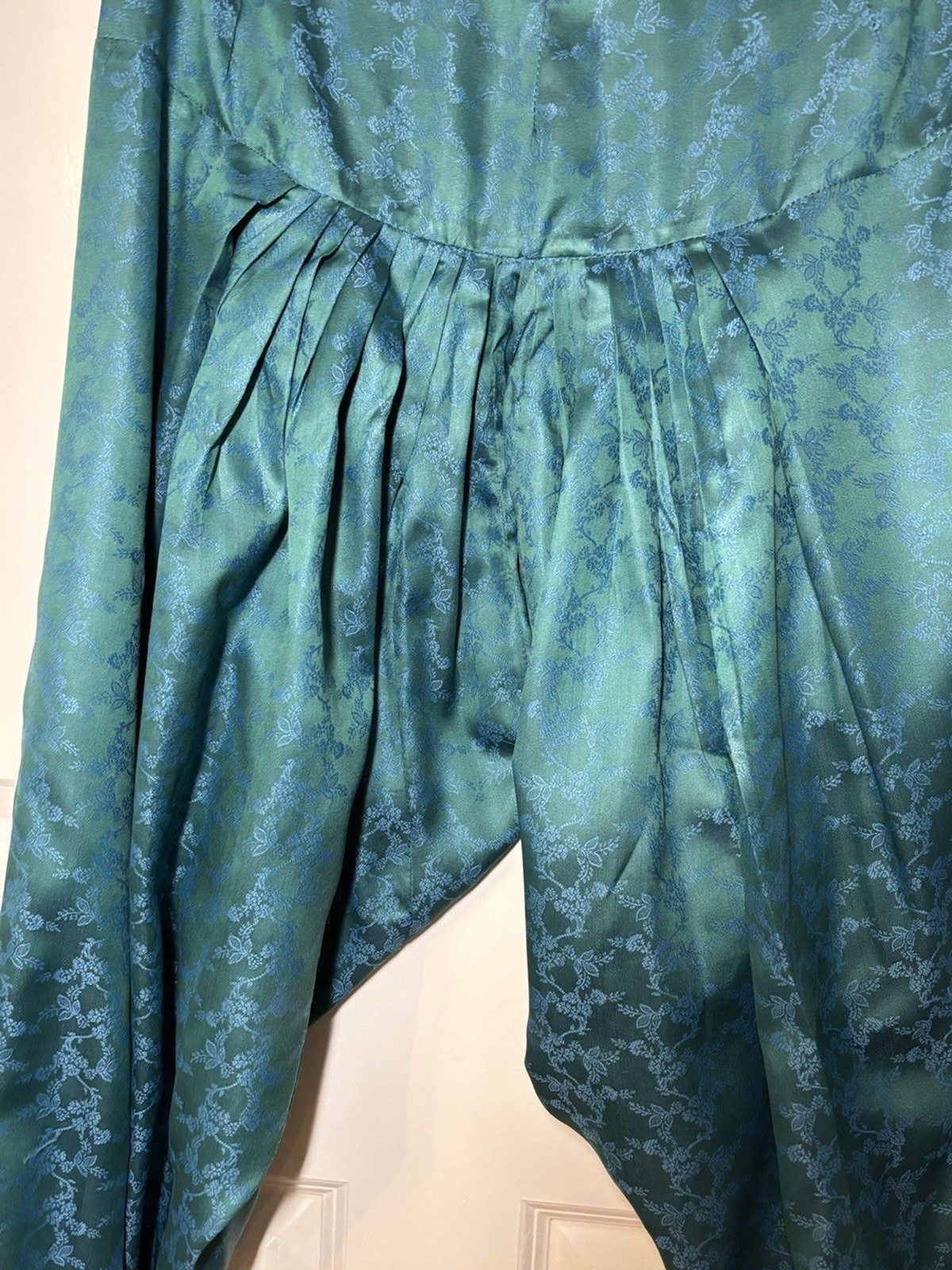 Silk Teal Salwar Kameez Set with Dupatta, Floral Pattern, Long Sleeve