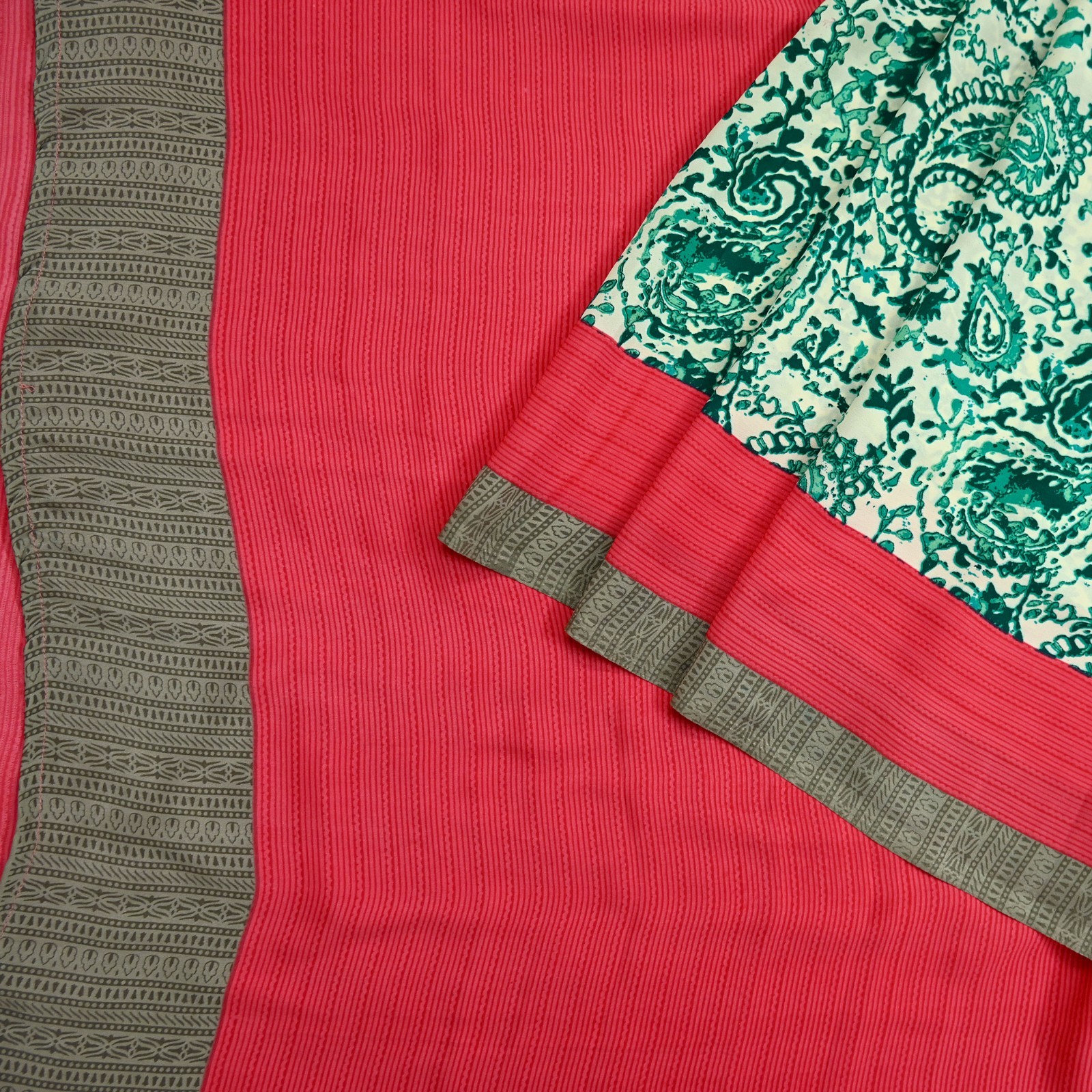 Indian Vintage Sari Pink & Ivory Moss Crepe Printed Sarees 6yd Craft Fabric soft
