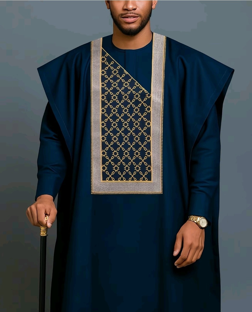 Mens Agbada 3 Piece Blue Long Sleeve Round Neck Shirt African Suit Clothing SZ L