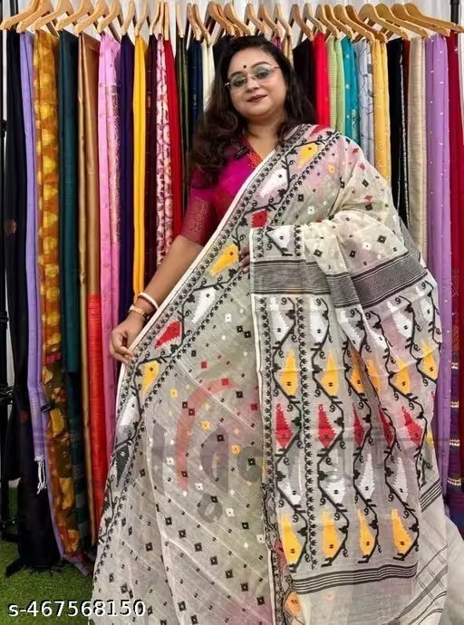 Traditional Bengali Handmade Jamdani Saree With Unstitched Bloused Wedding Wear