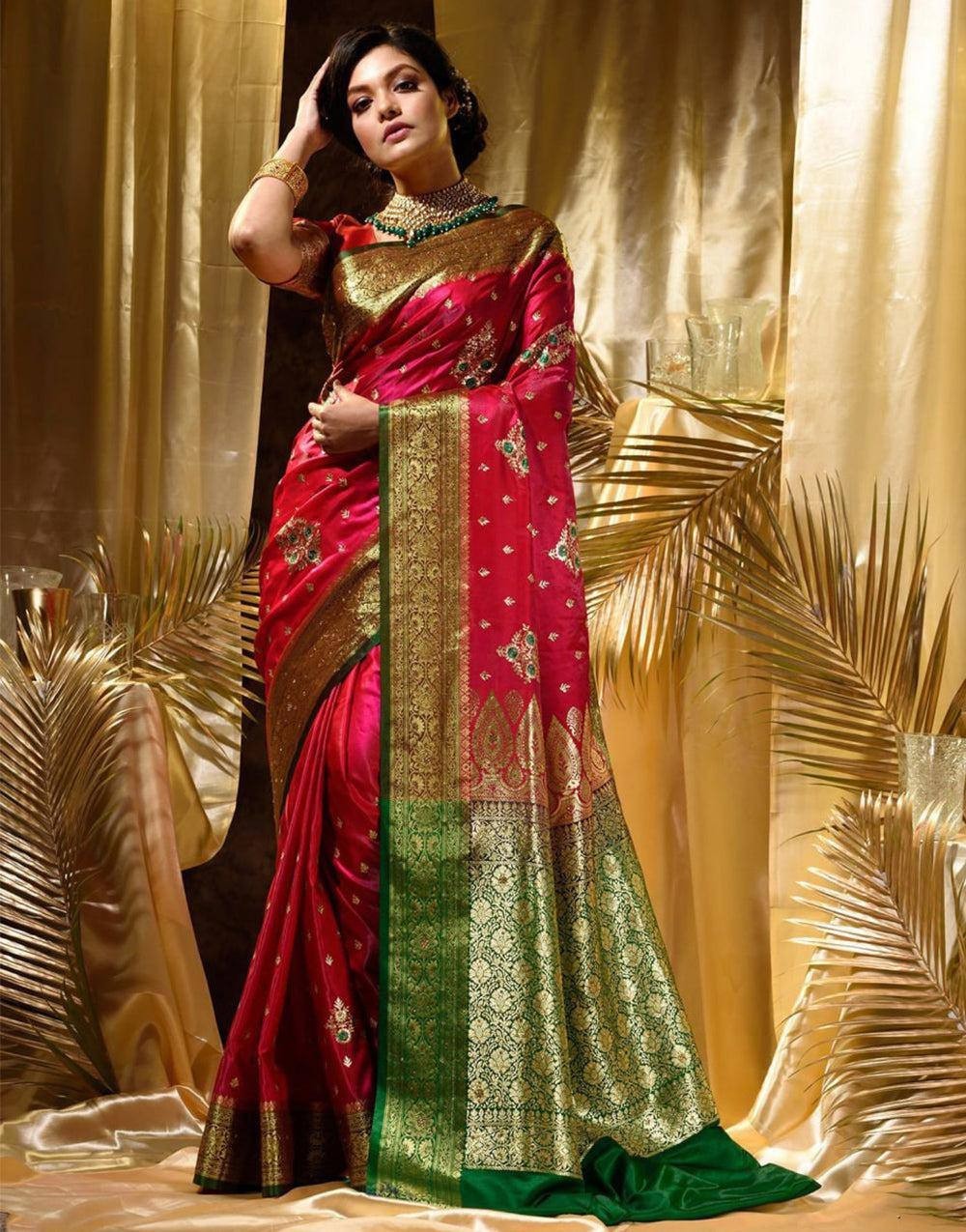 Indian Wedding Bollywood Saree Red Green Jacquard Soft Lichi Silk Designer Wear