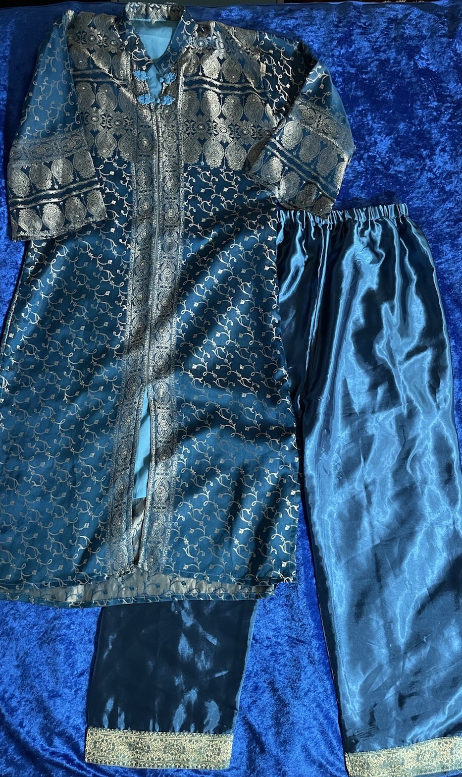 Teal Blue Gold Satin 2 Piece Shalwar Kameez Pakistani Arabic Indian Middle East