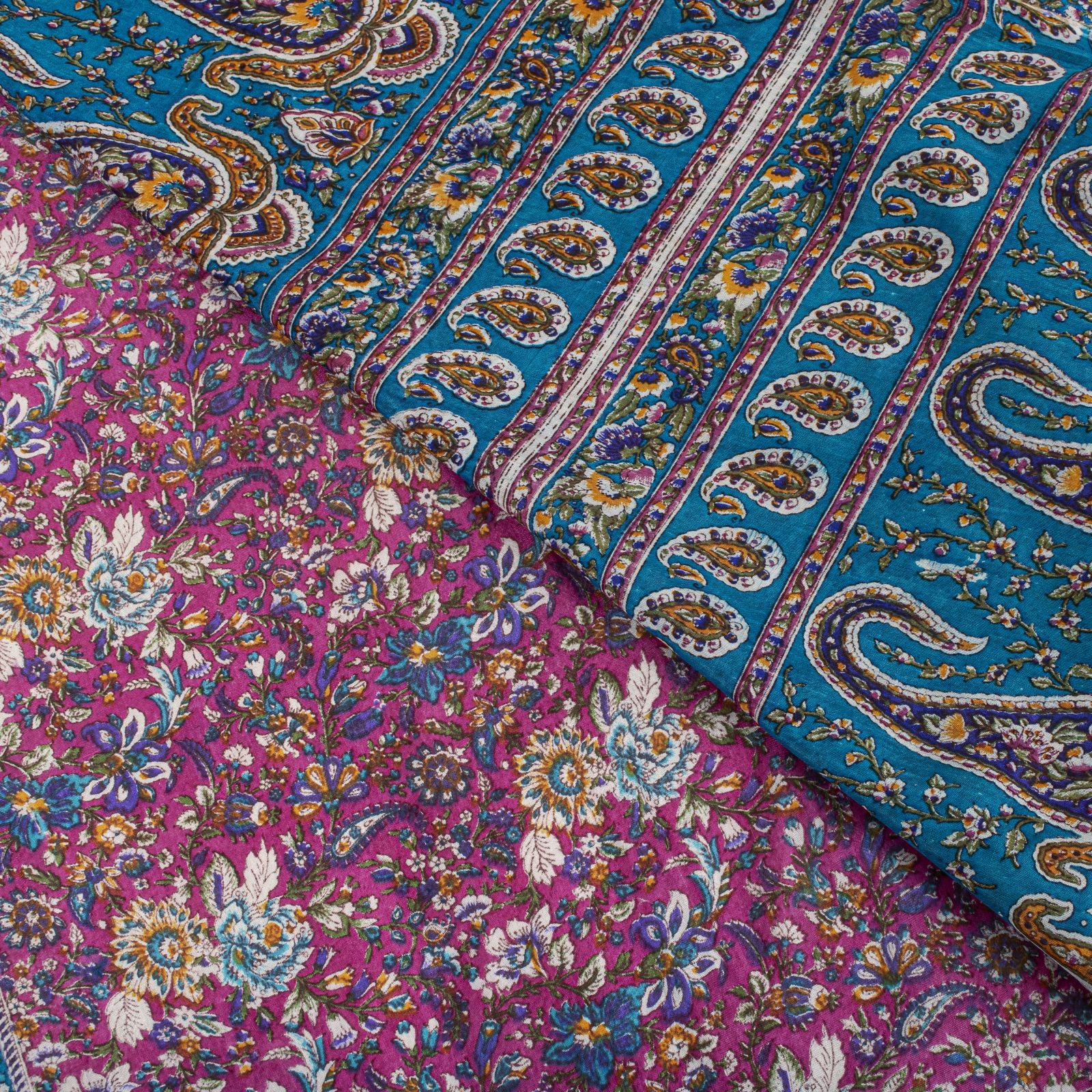 Sanskriti Vintage Saree Pink-Blue Pure Cotton Floral Printed Sari Fabric 5+Yard
