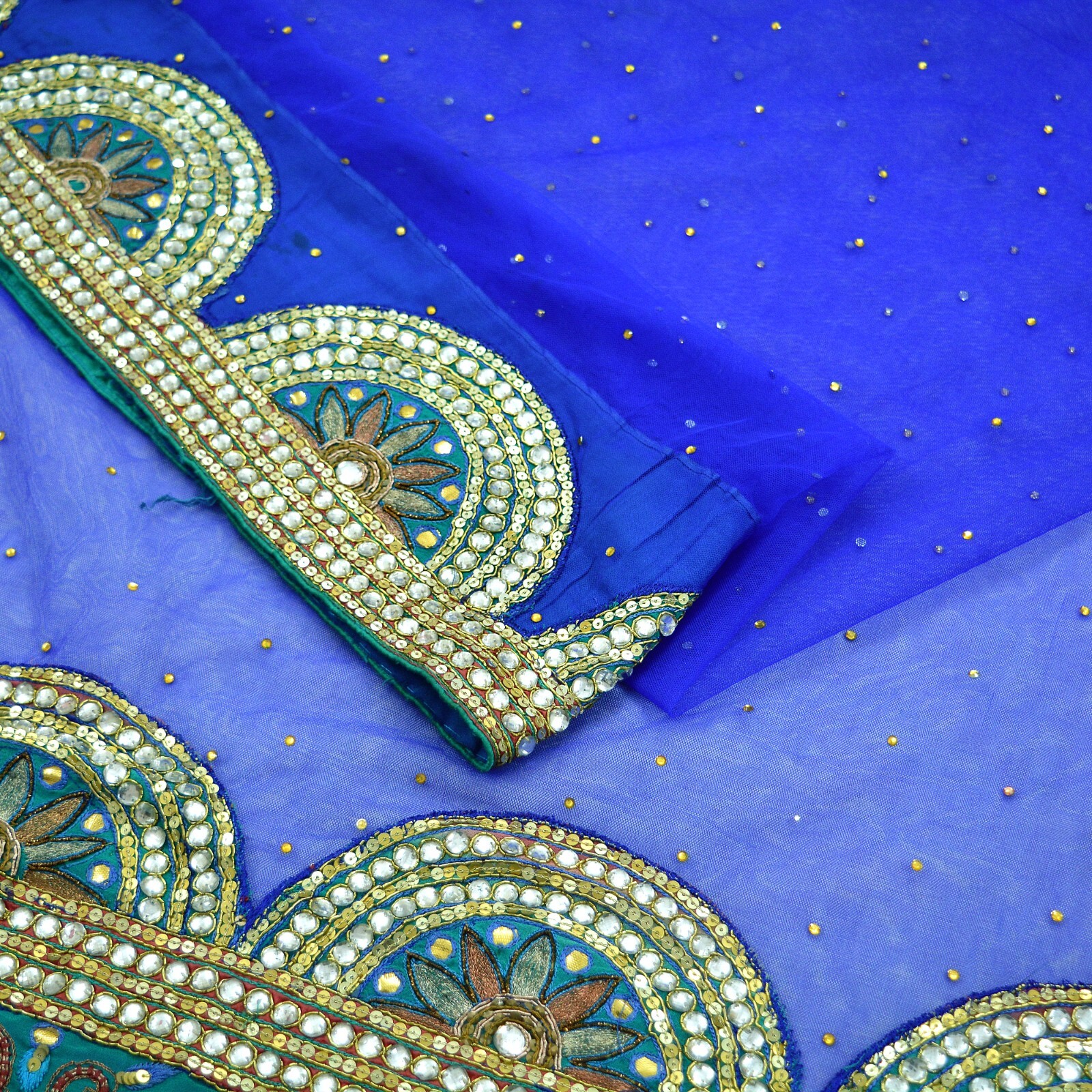 Indian Vintage Heavy Royal Blue Saree Net/Mesh Hand Beaded Sari Fabric 6Yd Dabka