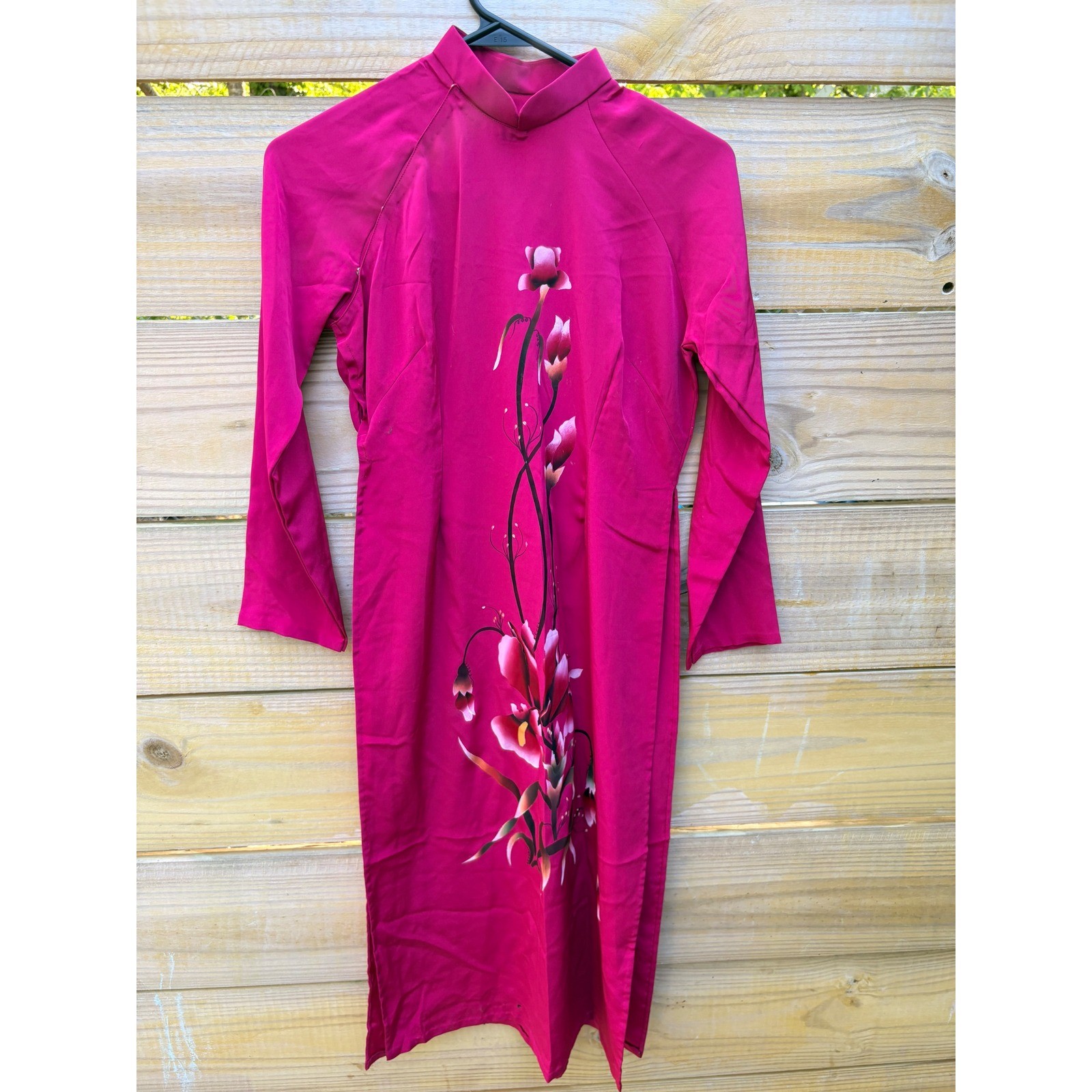 Magenta Pink Hand Painted Floral Ao Dai Vietnamese Traditional Tunic Dress