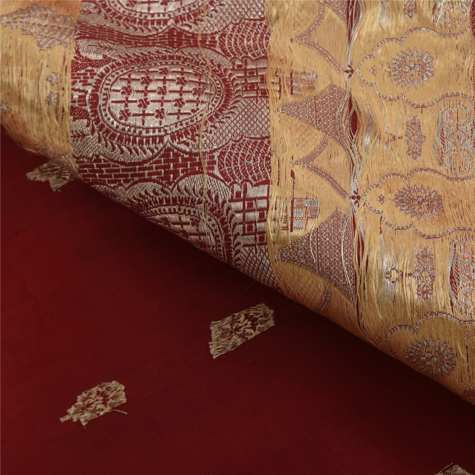 Sanskriti Vintage Red Sarees Pure Satin Silk Brocade/Banarasi Woven Sari Fabric