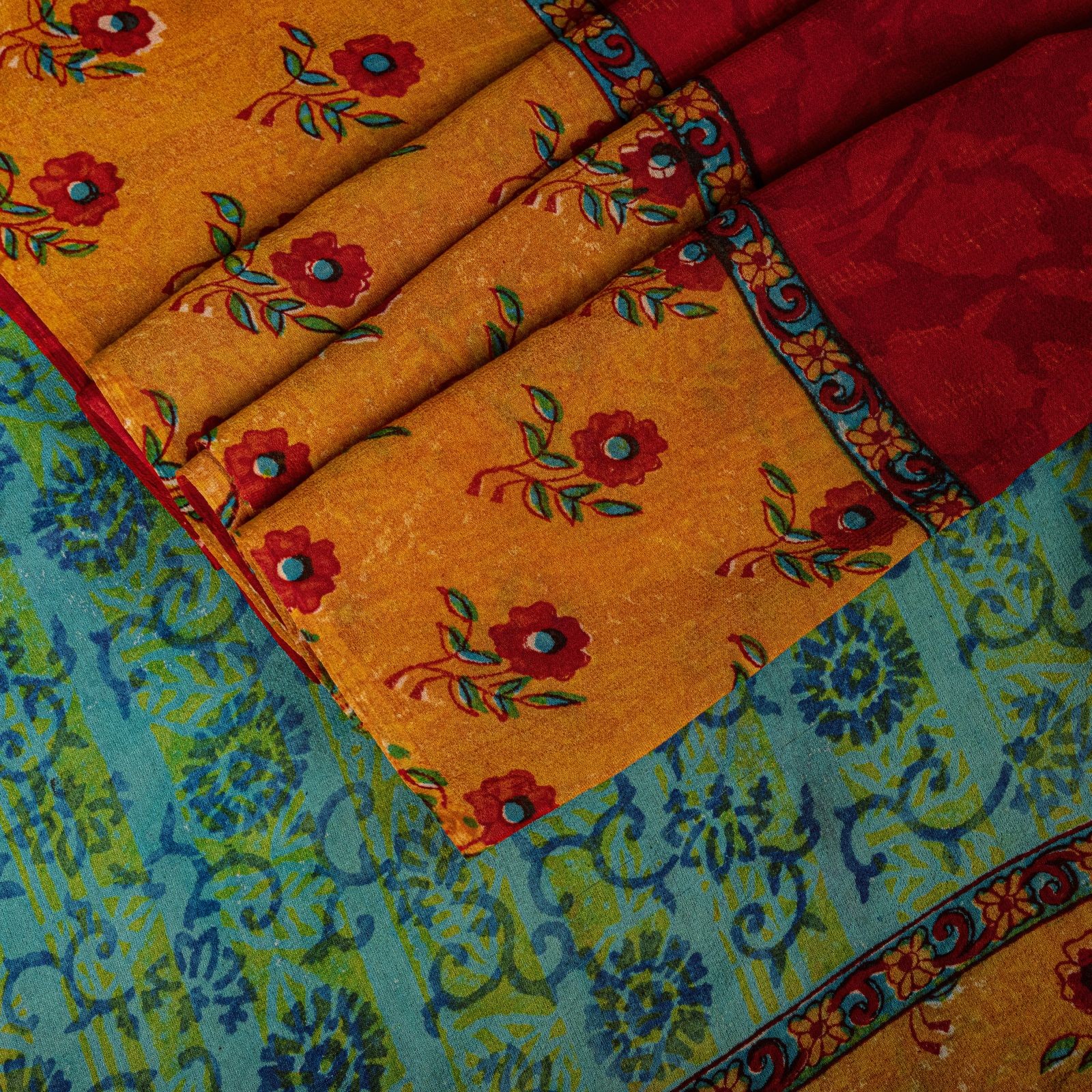 Sanskriti Vintage Saree Red Pure Georgette Silk Floral Block Printed Sari 5.5Yd