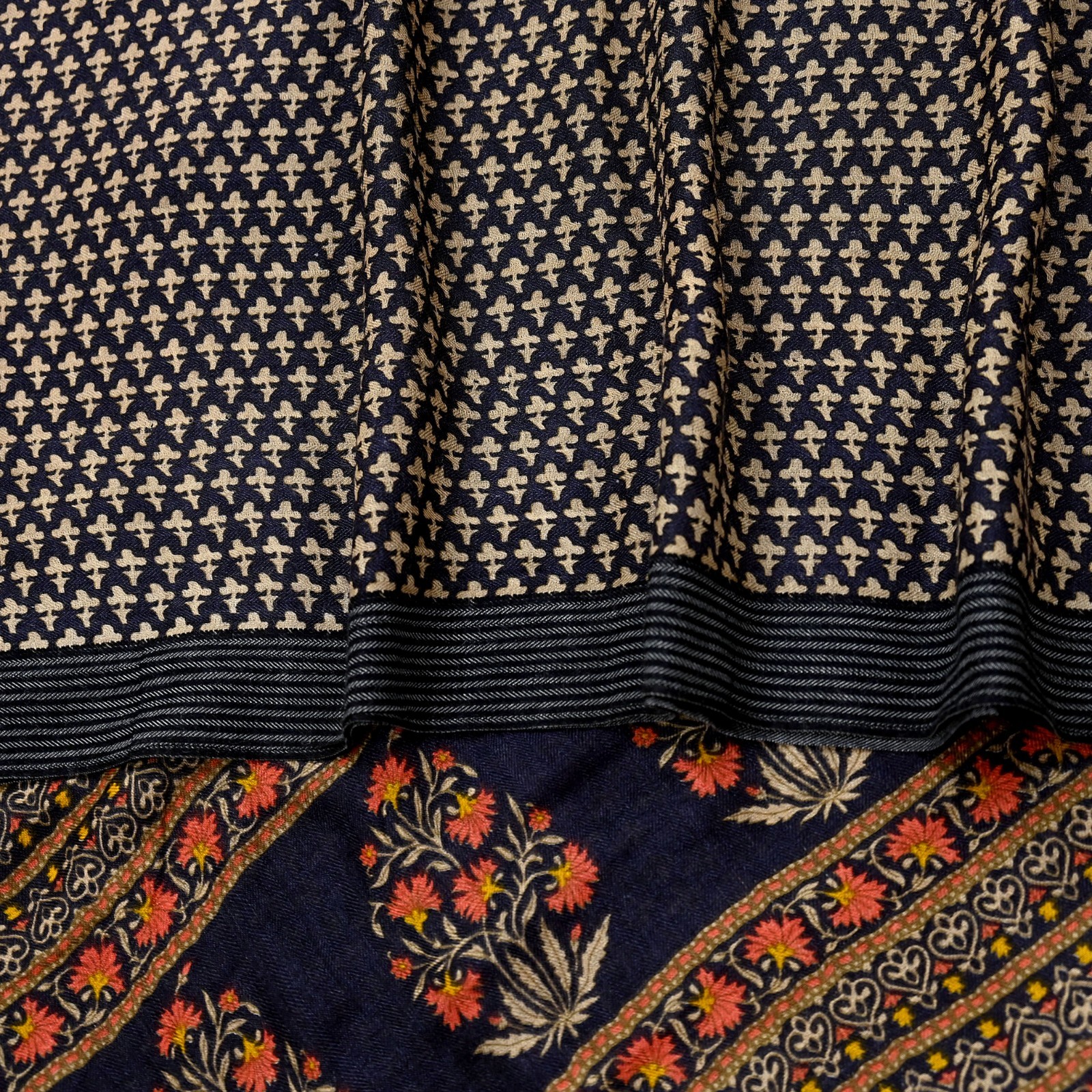 Vintage Black & Beige Saree Pure Woolen Woven Printed Sari Warm Craft Fabric 5Yd