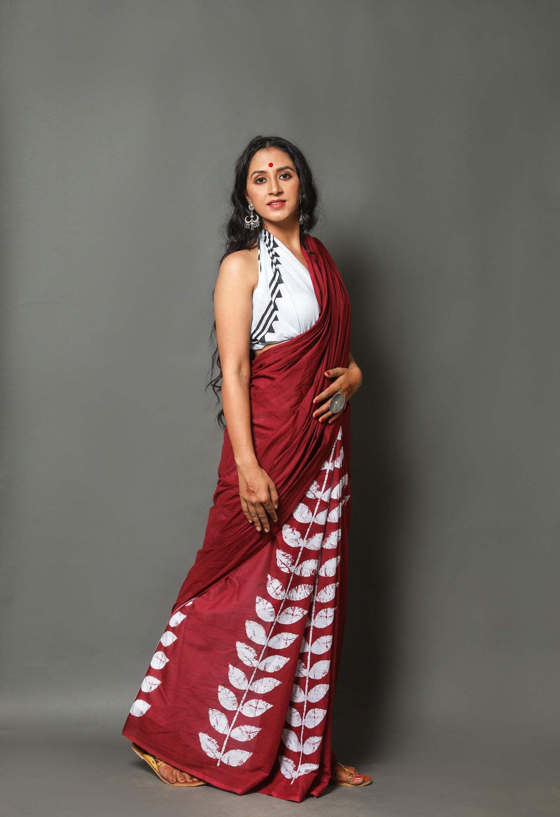 Indian Print Red Pure Cotton Mulmul Saree With Blouse, 5.50 Meter Sari For Women