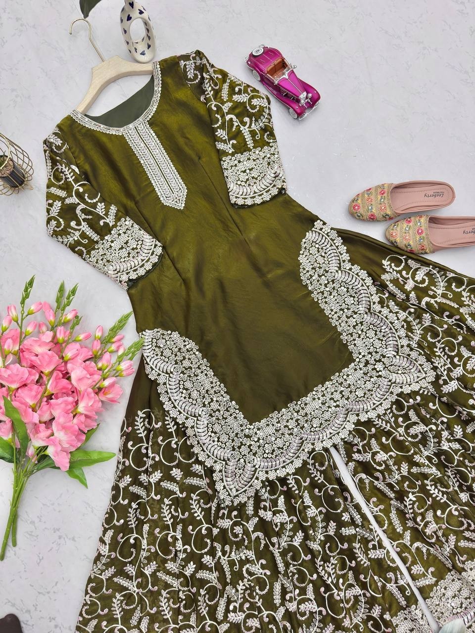 Eid Reception Party Wear Mehendi Green Fandy Silk Sharara Plazzo Suit