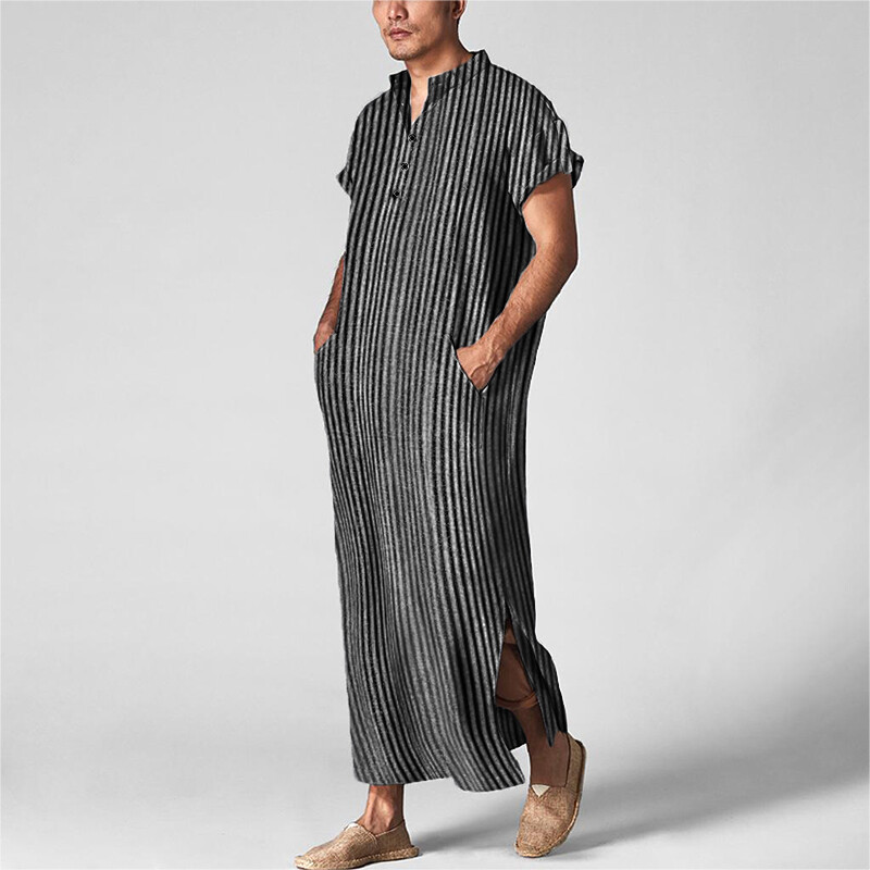 Fashion Men’s Muslim Short Sleeve Striped Thobe Saudi Arab Islamic Jubba Kaftan