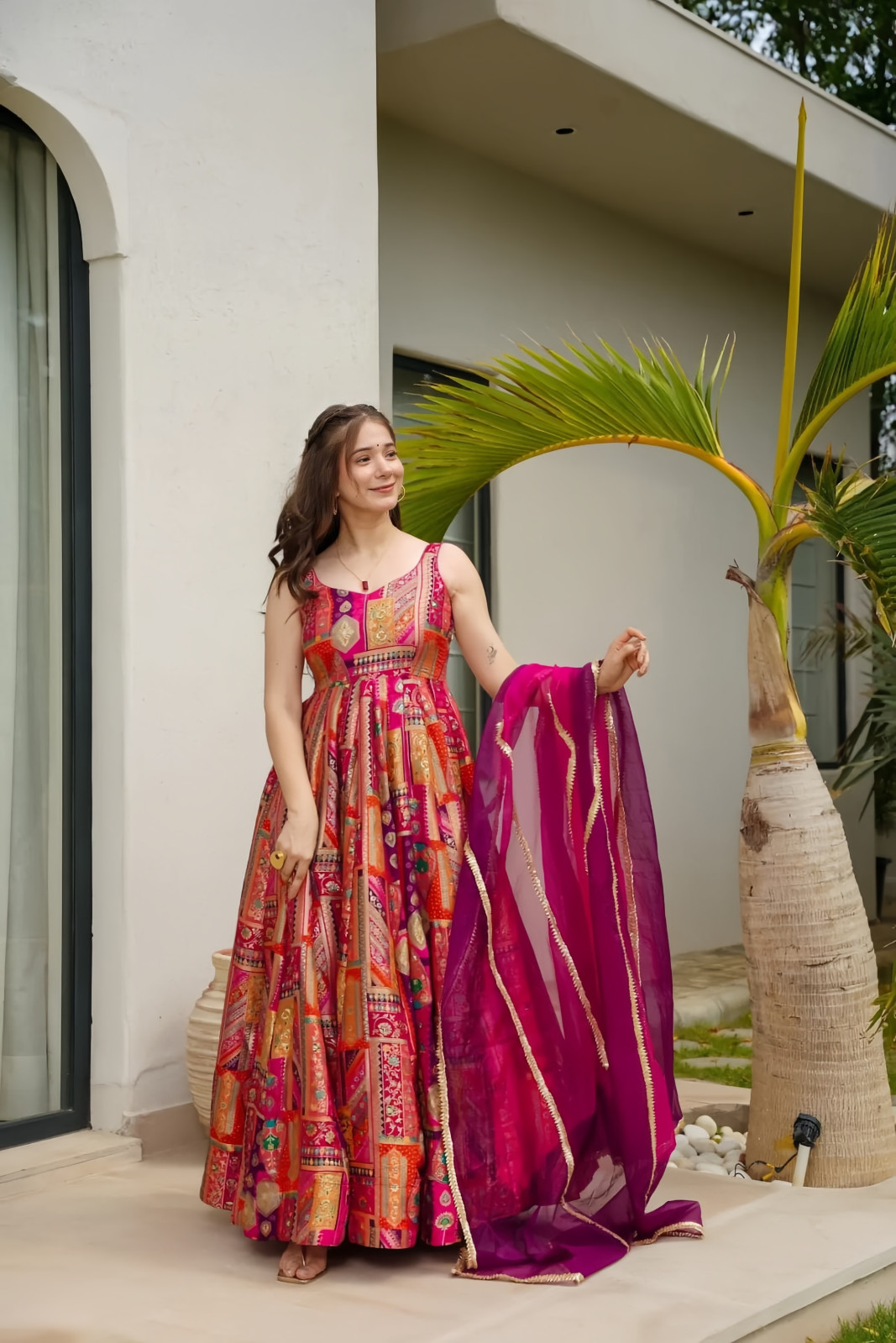 Traditional Indian Anarkali Gown Multicolour Patchwork Design Floor Length