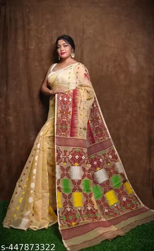 Traditional Bengali Handmade Jamdani Saree With Unstitched Bloused Wedding Wear