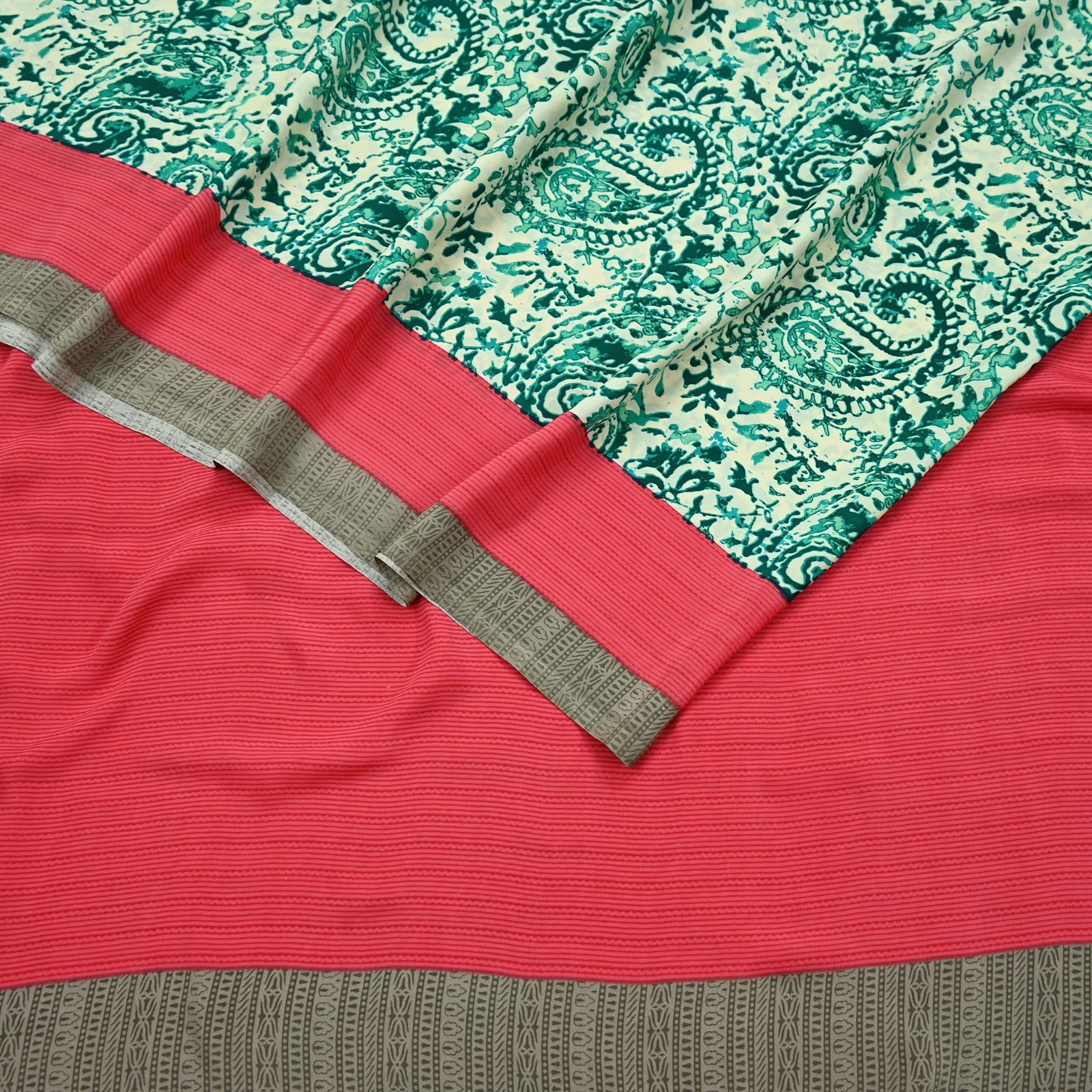 Indian Vintage Sari Pink & Ivory Moss Crepe Printed Sarees 6yd Craft Fabric soft